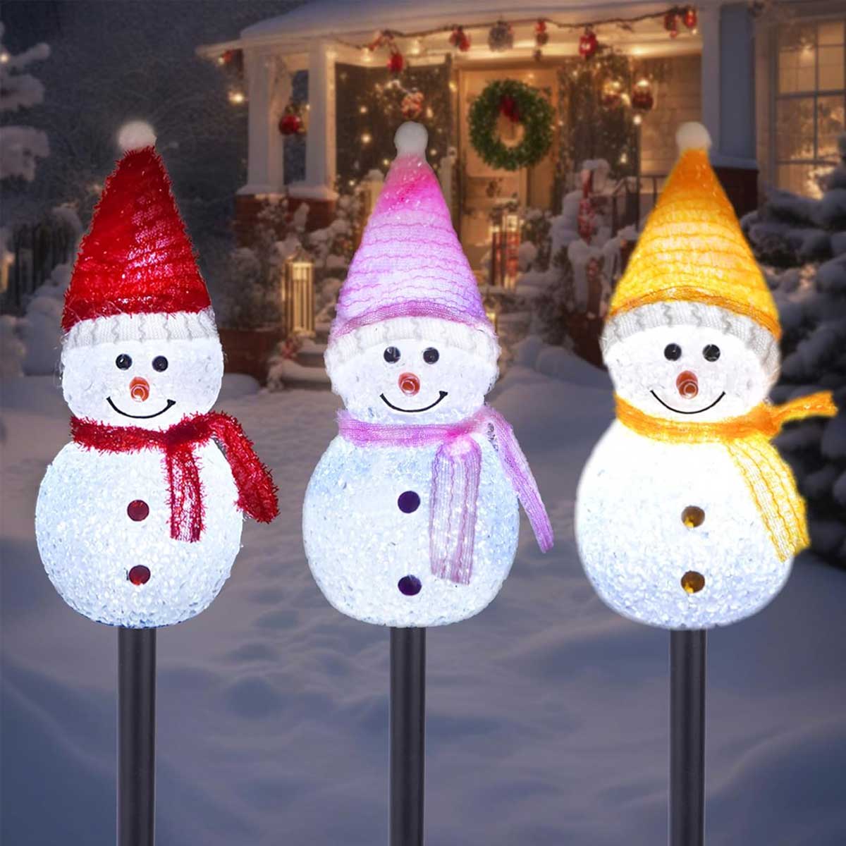 Aoibox  Solar Christmas Pathway Lights Set of 3 LED Snowman Stake Lights Waterproof Outdoor Decor for Winter Yard Garden Walkway Landscape