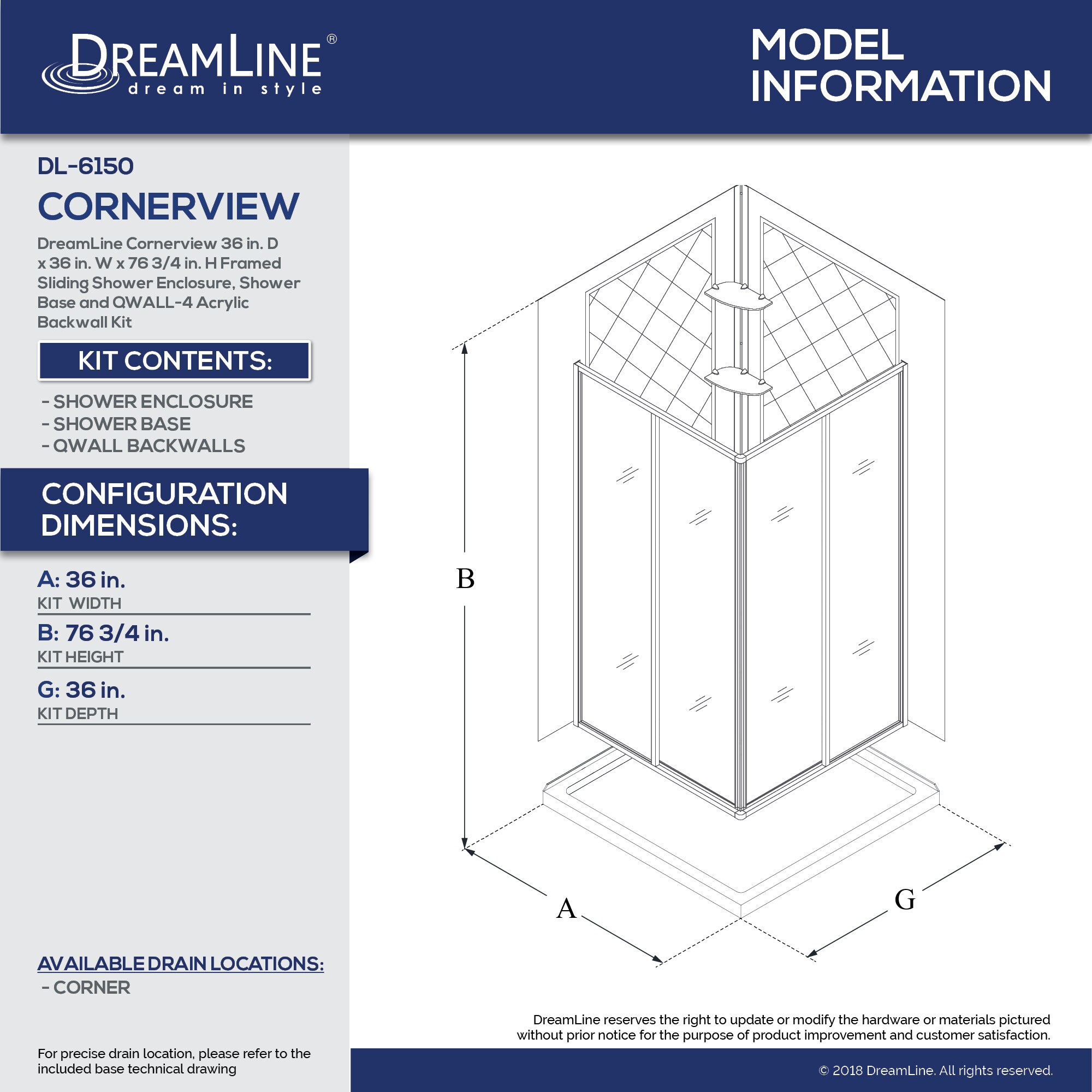 DreamLine SlimLine 36 W x 76.75 H Framed Square Shower Stall and