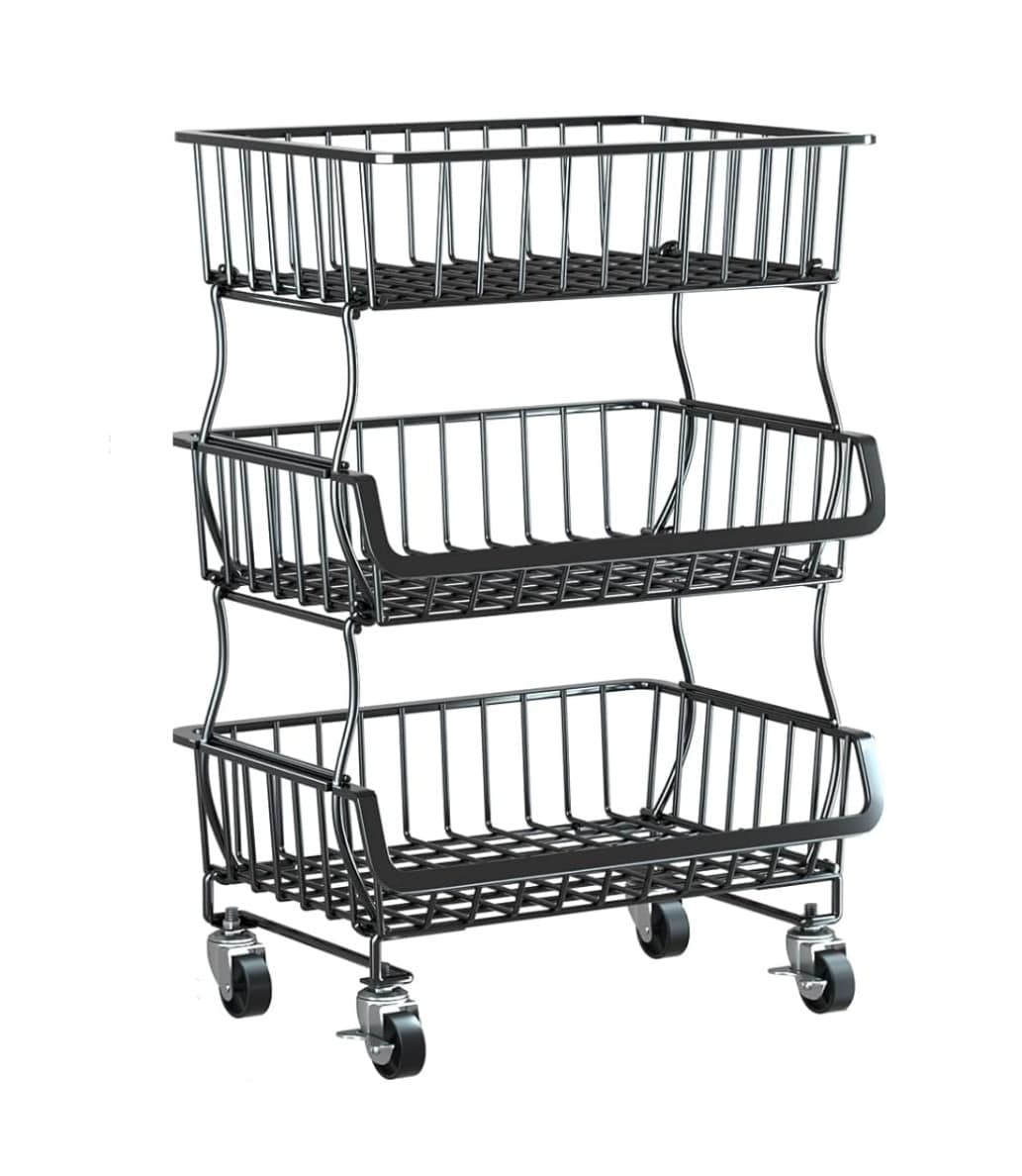 Etokfoks  Black Anti Rust Metal 3 Tier Rolling Pantry Organizer Cart with Wheels and Stackable Wire Baskets 1 Pack