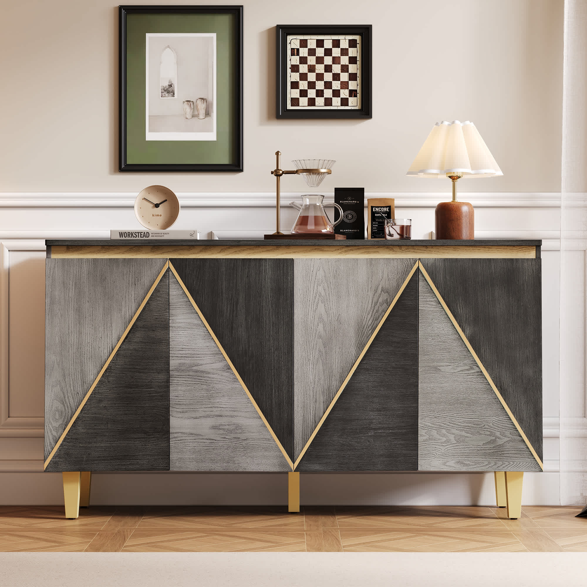 Bestier USLOW-N715P290575E 60 inch Retro Buffet Cabinet with StorageDimensional Effect Doors and Adjustable Shelves