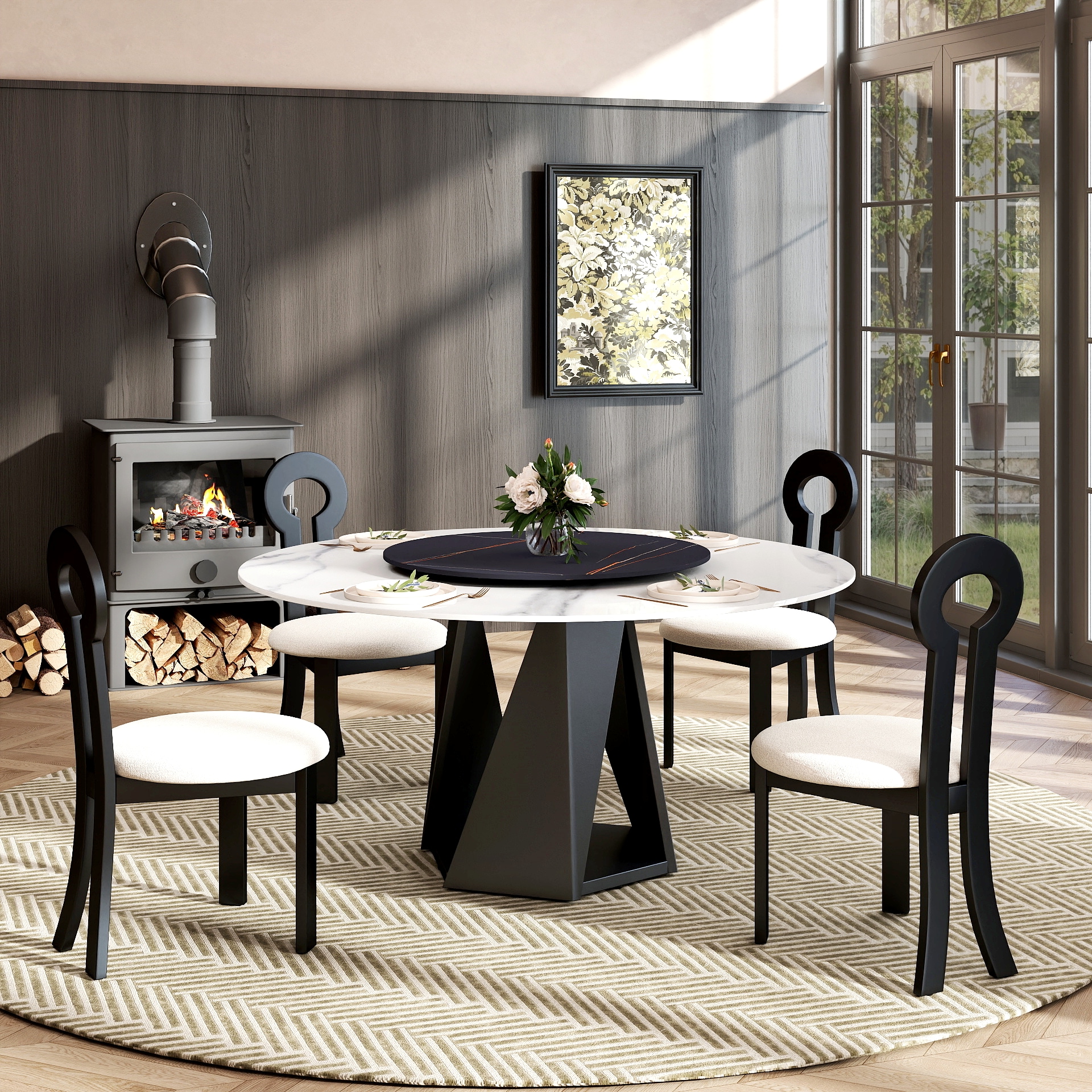 BuotiqHom DH-AT-150W80B-9B 59 in. Black/White + Lazy Susan Round Contemporary/Modern Dining Table, Ceramic with Primed Metal Pedestal Base 59-in L x 29.5-in H