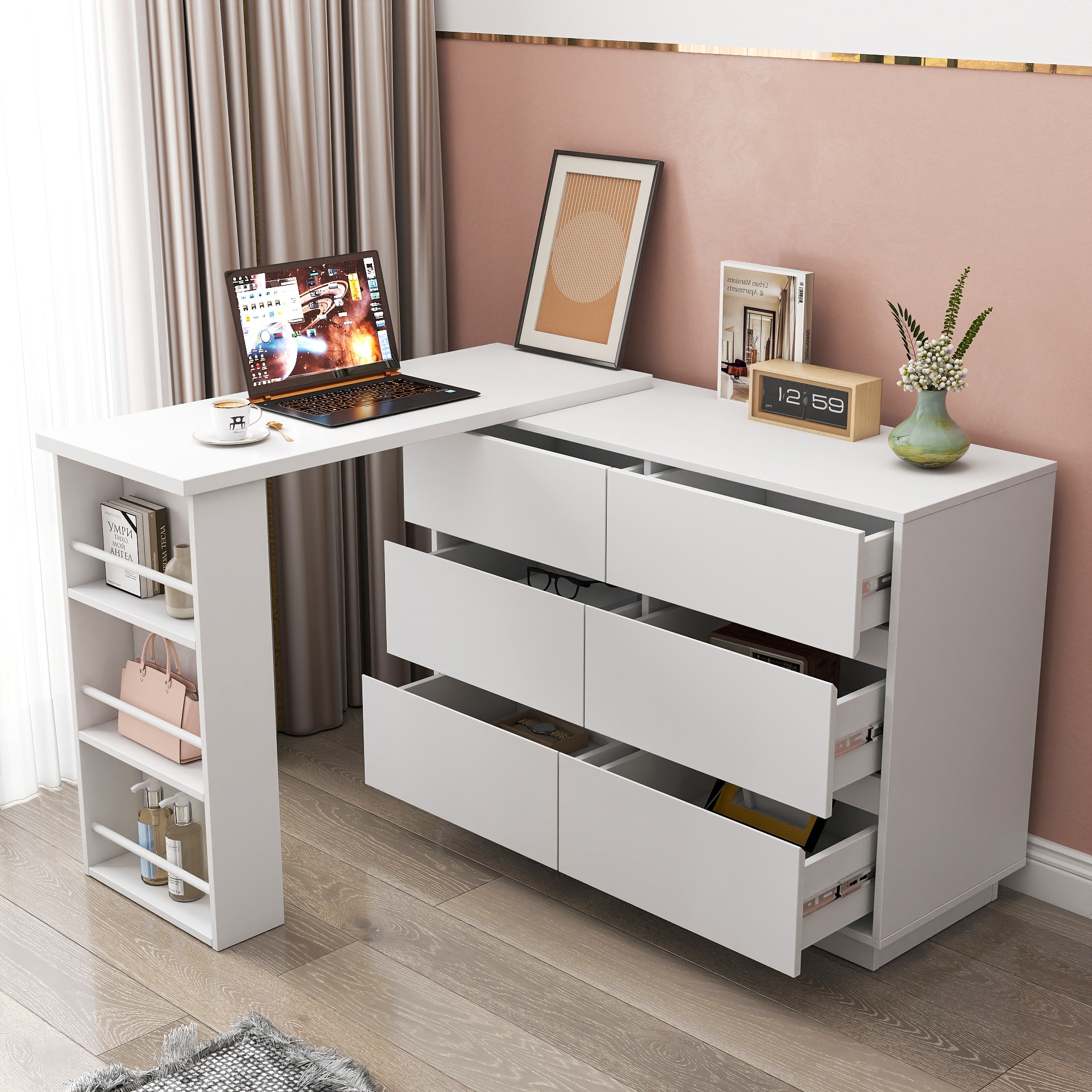 LOVMOR SF-WO-W331P286247 L Shaped Computer Desk with Drawers Modern Corner Home Office Desk for Home Office