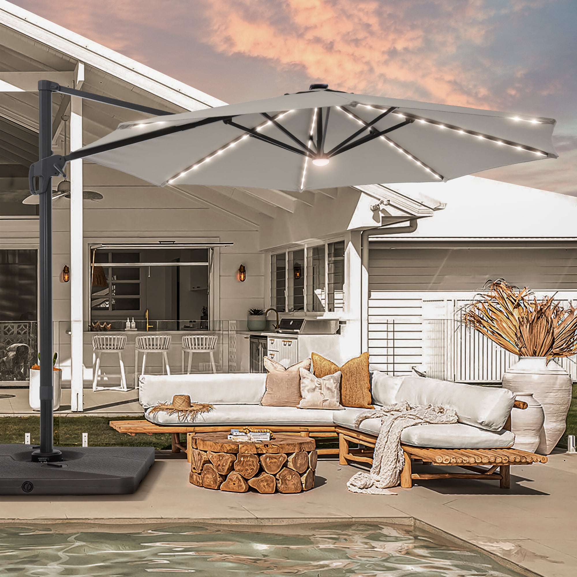 Sonkuki SD-LED140GY-BASE 11-Feet Aluminum Gray Cantilever Patio Umbrella with Lights and
