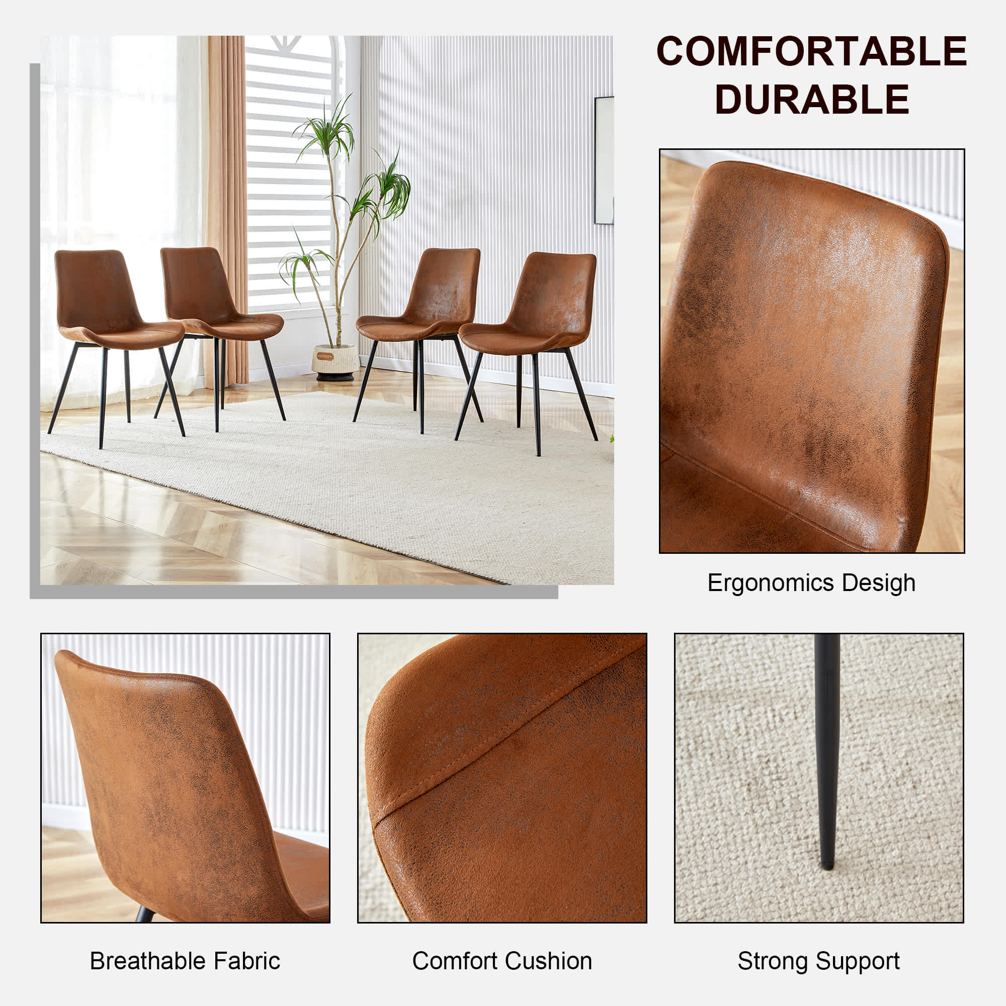 Vynxaria Dining Chairs Suede Cushion Curved Widened Seat Black Metal ...