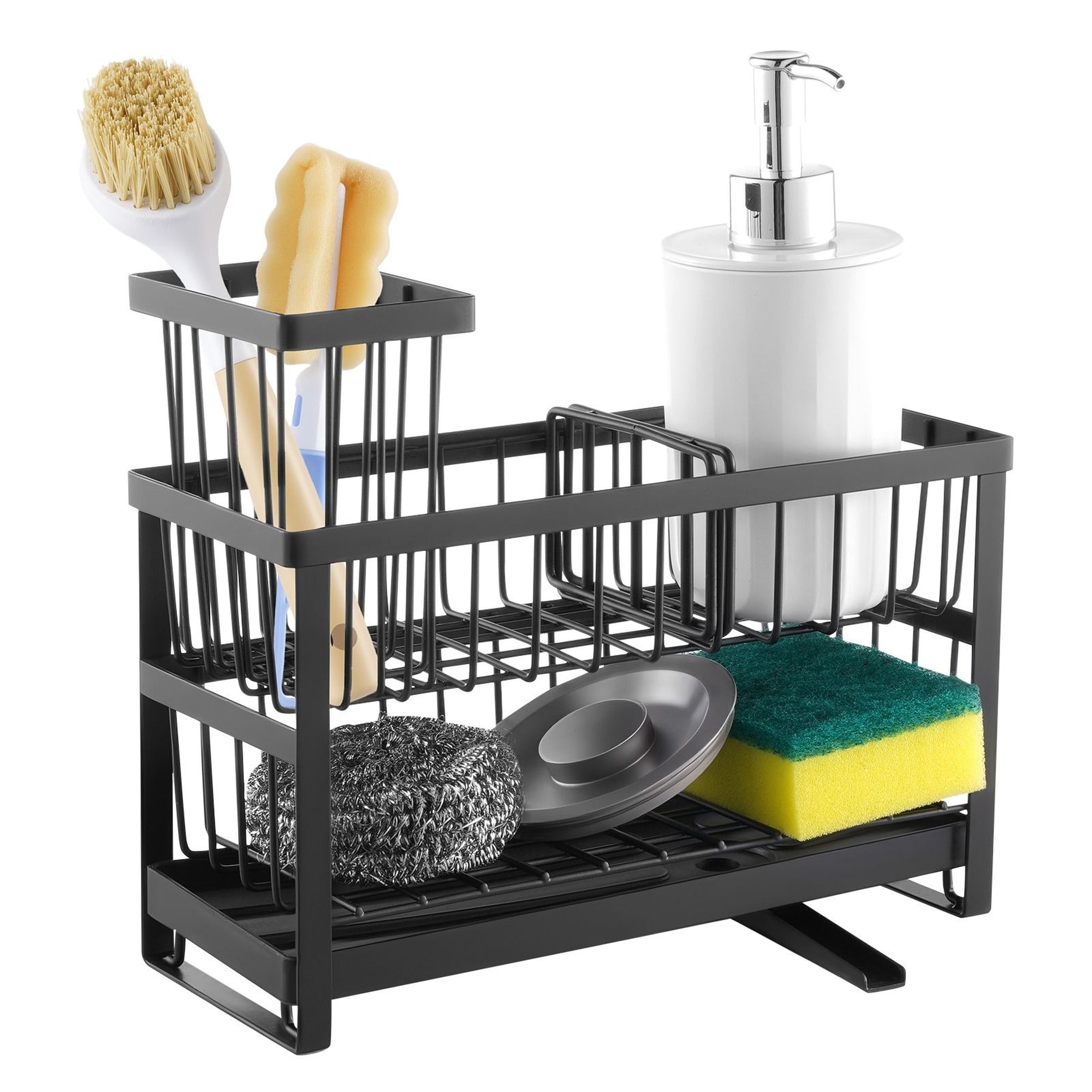 OGETFUUR 2 Tier Kitchen Sink Caddy Organizer Sponge Holder with High Brush Holder Divider Storage Rack Rotatable Drainage Spout for Countertop Essentials