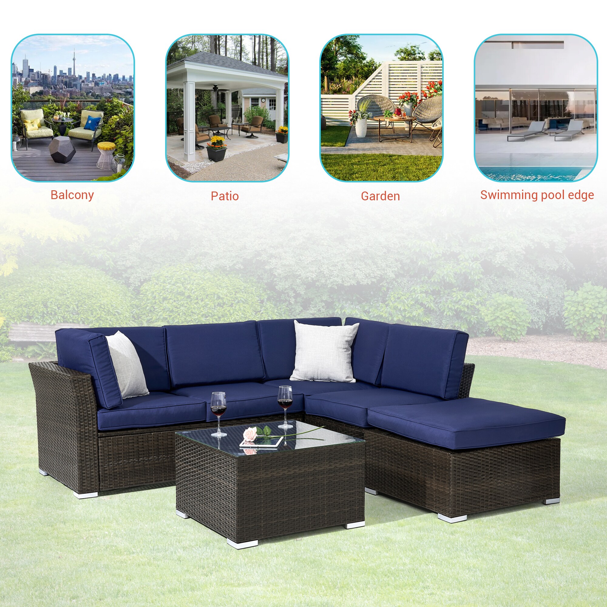 ACEGOSES 4-Piece Wicker Patio Sofa Conversation Set with Blue Cushions ...