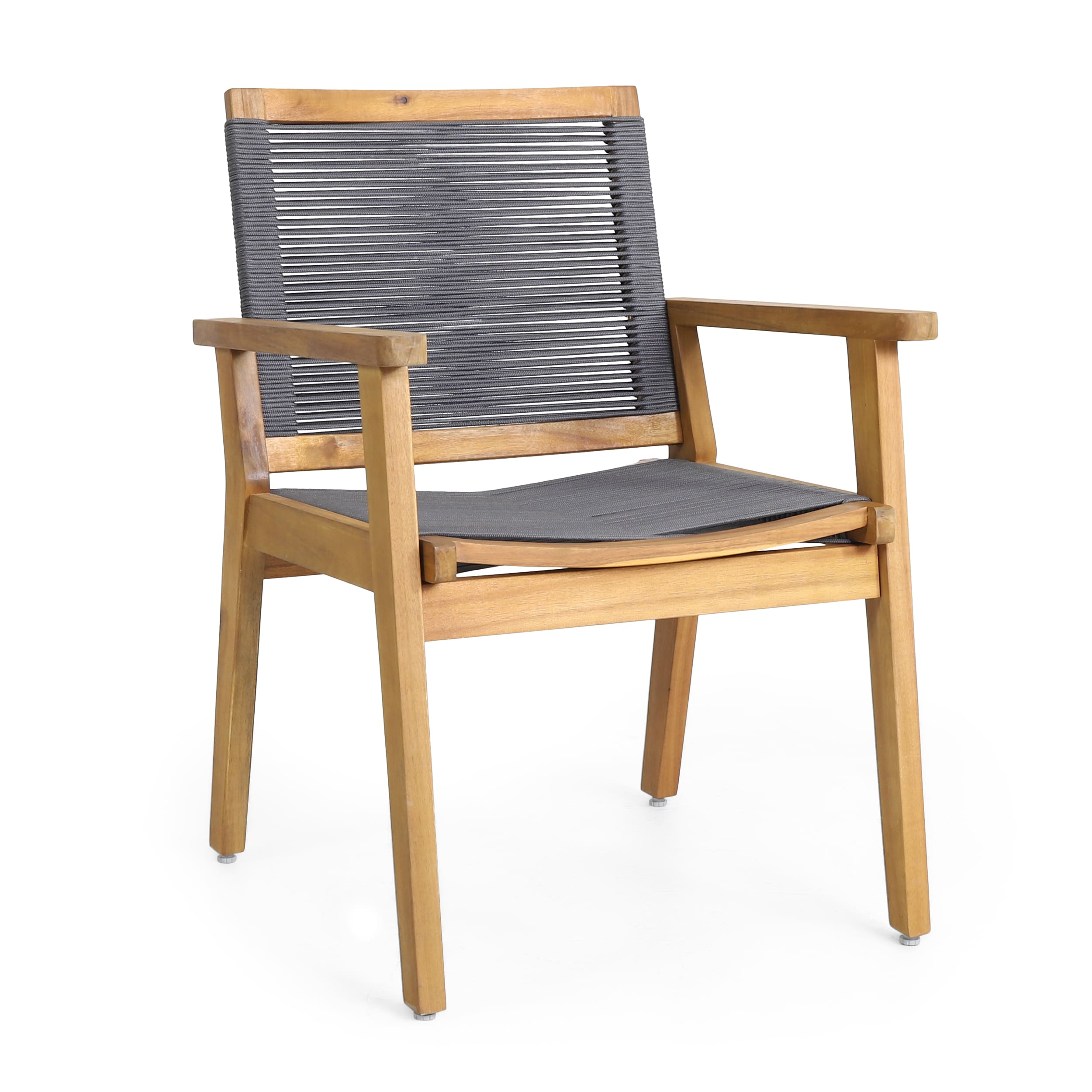 Set of 2 Teak and Dark Gray Rope Outdoor Dining Chairs