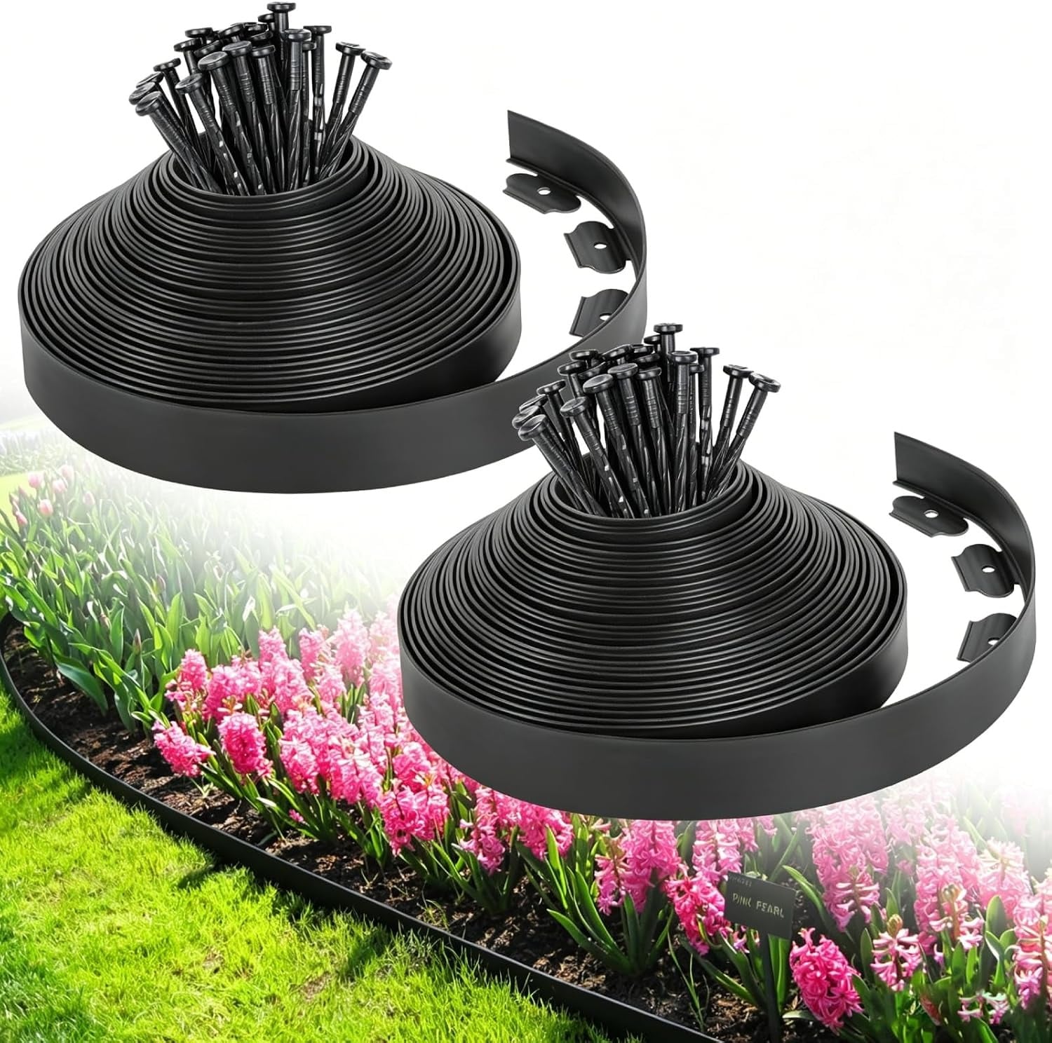 MaseiKar Total No - Dig Landscape Edging Kit 2 Pack 33 Ft Rolls with 100 Landscape Stakes Flexible Lawn Border