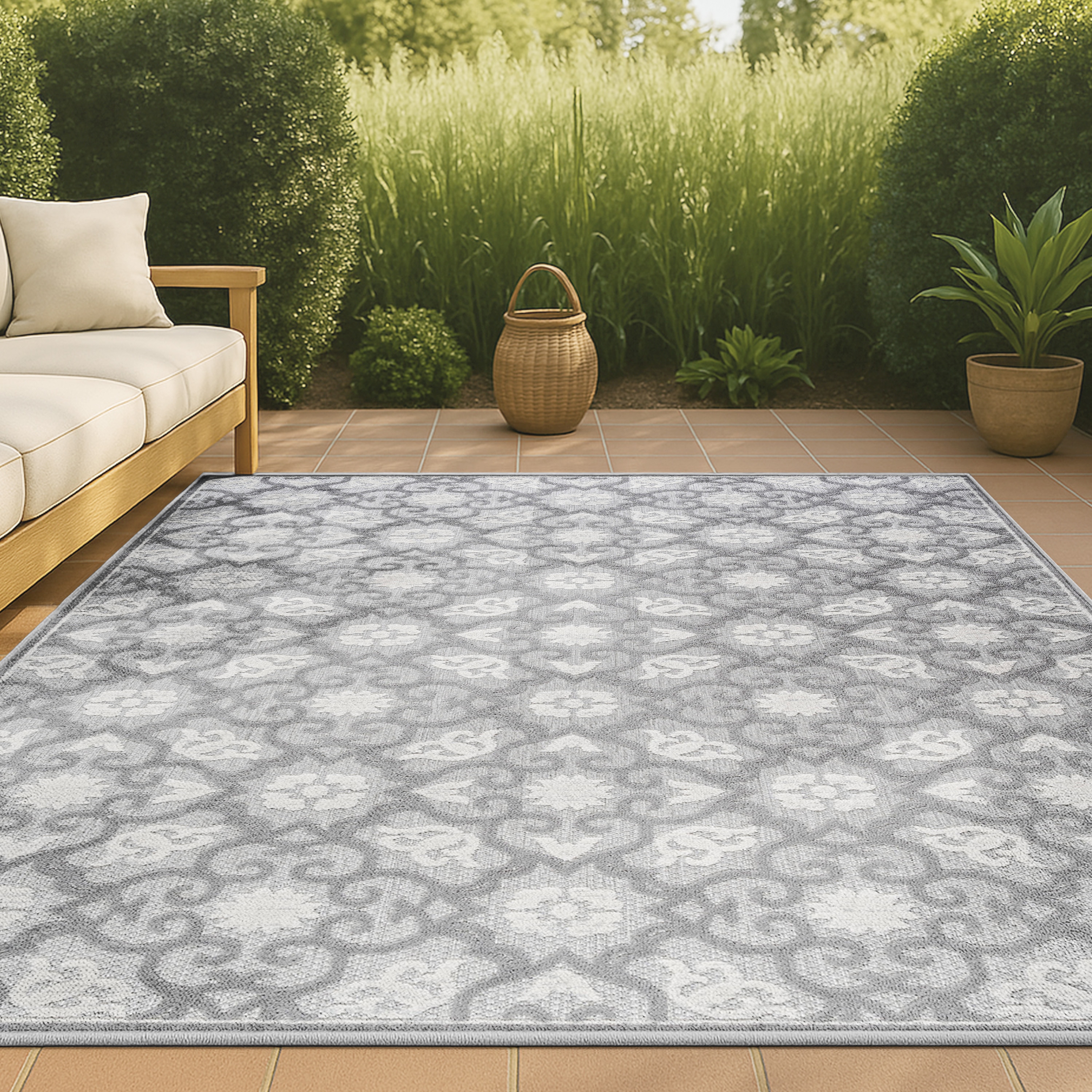JONATHAN  Y AMC107A-8 Amalfi Coast Gallia Tile High-Low 8 x 10 (ft) Loomed Polypropylene Light Gray/Ivory Rectangular Indoor/Outdoor Trellis Coastal Area rug