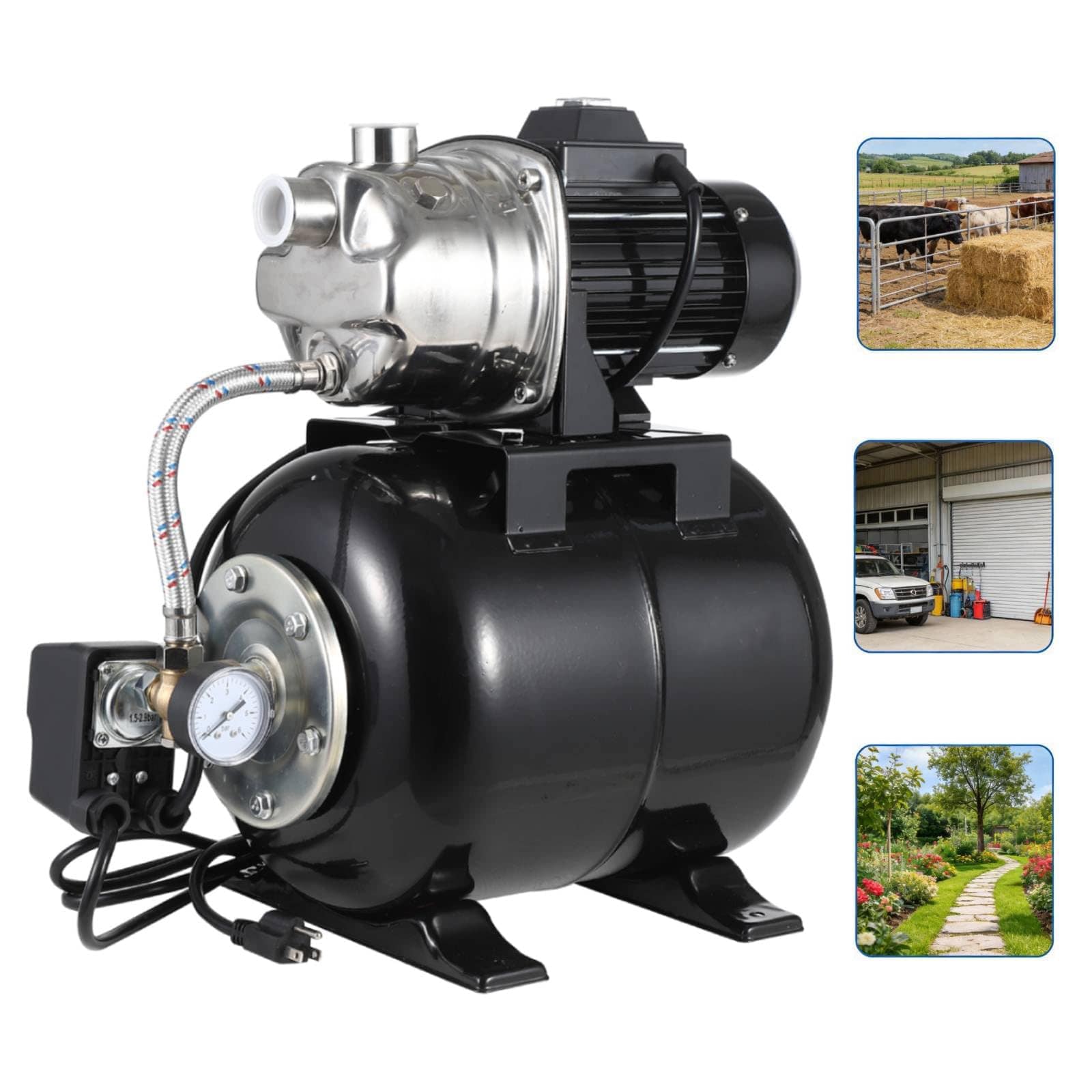 IdealHouse 3/4 HP Shallow Well Jet Pump with 5 Gallon Pressure Tank Stainless Steel 120ft Lift 20ft Suction Automatic Pressure Switch (19/38 PSI) for Home Farm Garden Irrigation and Water Transfer