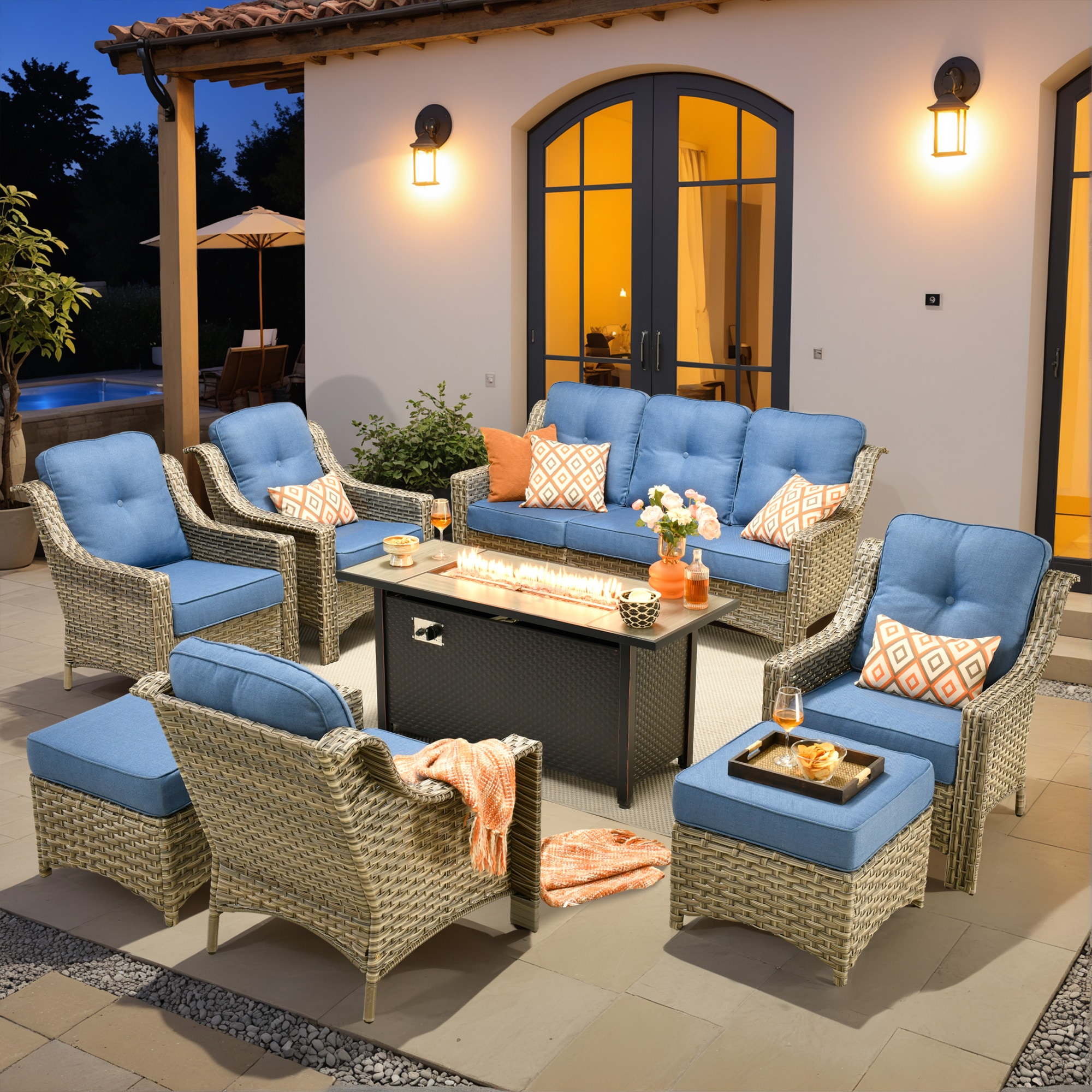 XIZZI XIPAD5075-IFP54 Pyrophyllite 8 -Piece Rattan Patio Sofa Conversation Set with Blue Cushions