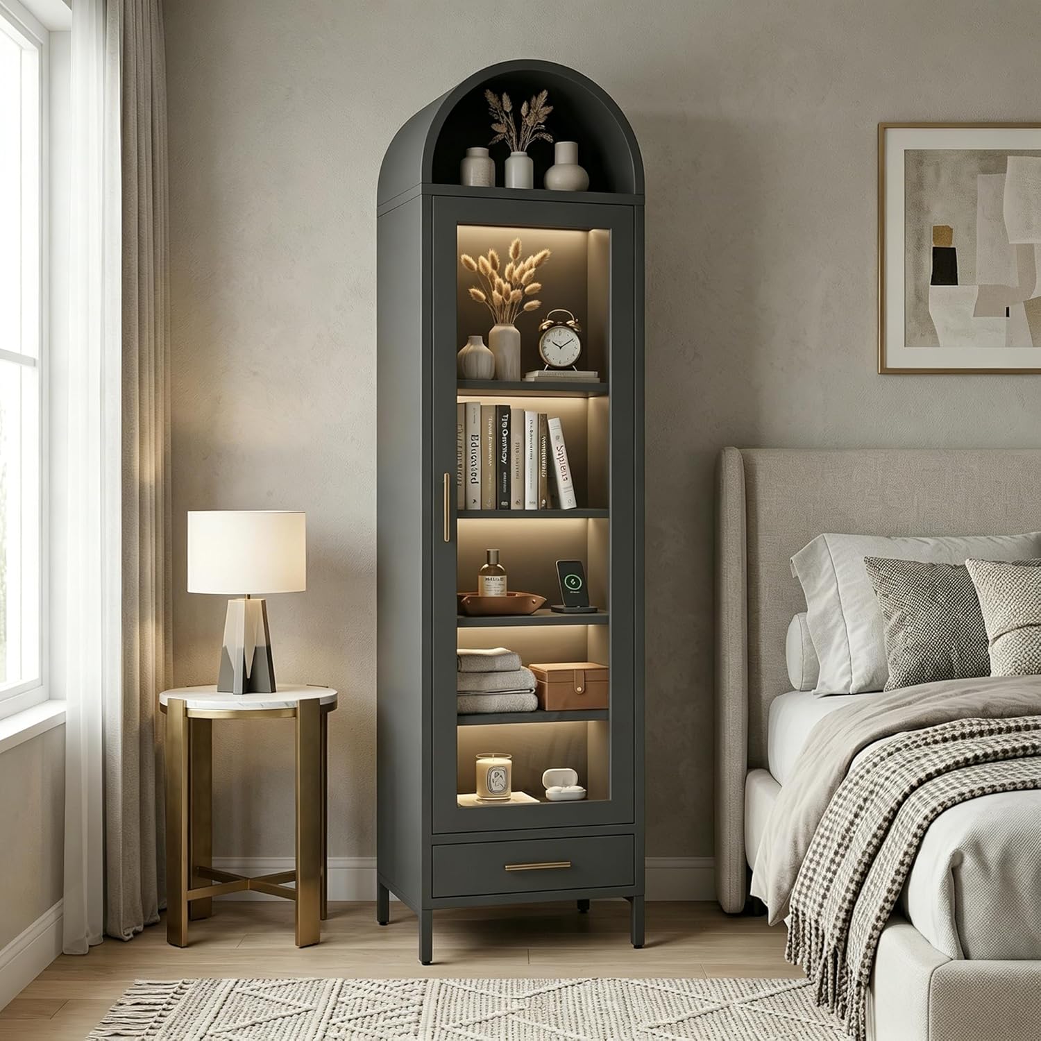 IdealHouse 73in Tall Narrow Arched Bookcase/ Modern Black Metal Storage Cabinet with Glass Door and Drawer/ Pantry Cabinet for Living Room Kitchen Office