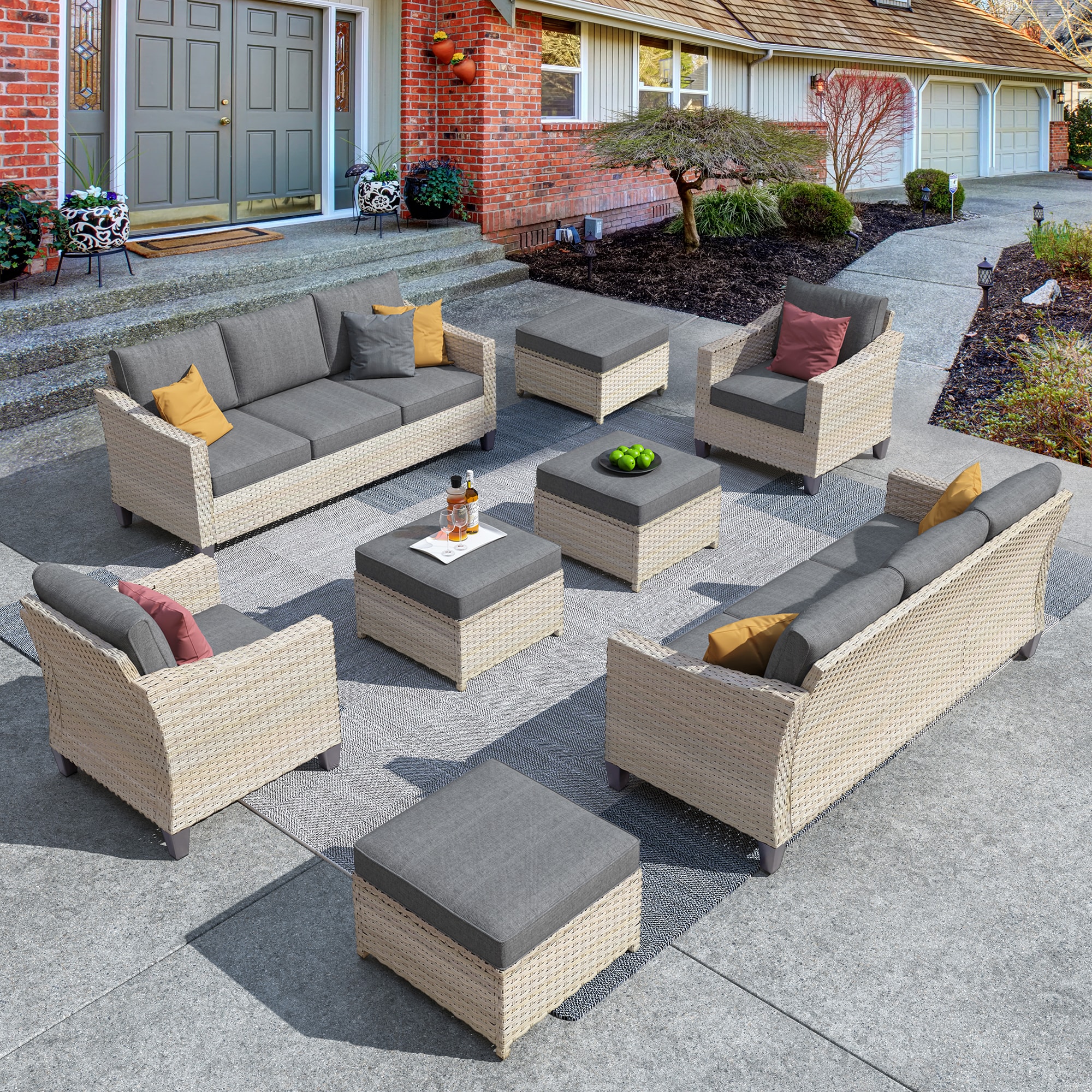 Pouuin SDAR208 8 -Piece Rattan 2 Patio Sofa Conversation Set with Gray Cushions