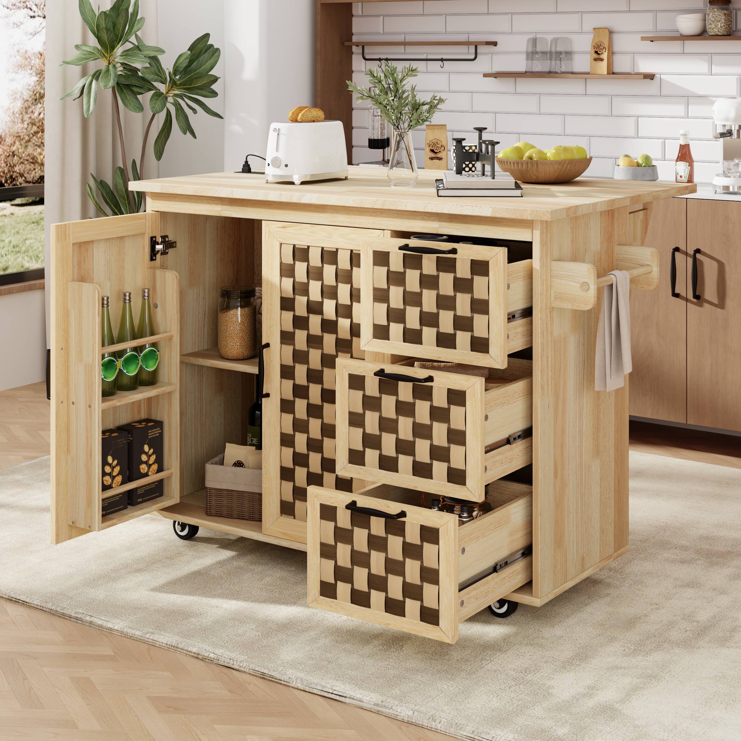 Runesay KI-103 Brown MDF Base with MDF Wood Top Rolling Kitchen Island ( 29.5-in x 53.2-in x 36-in )