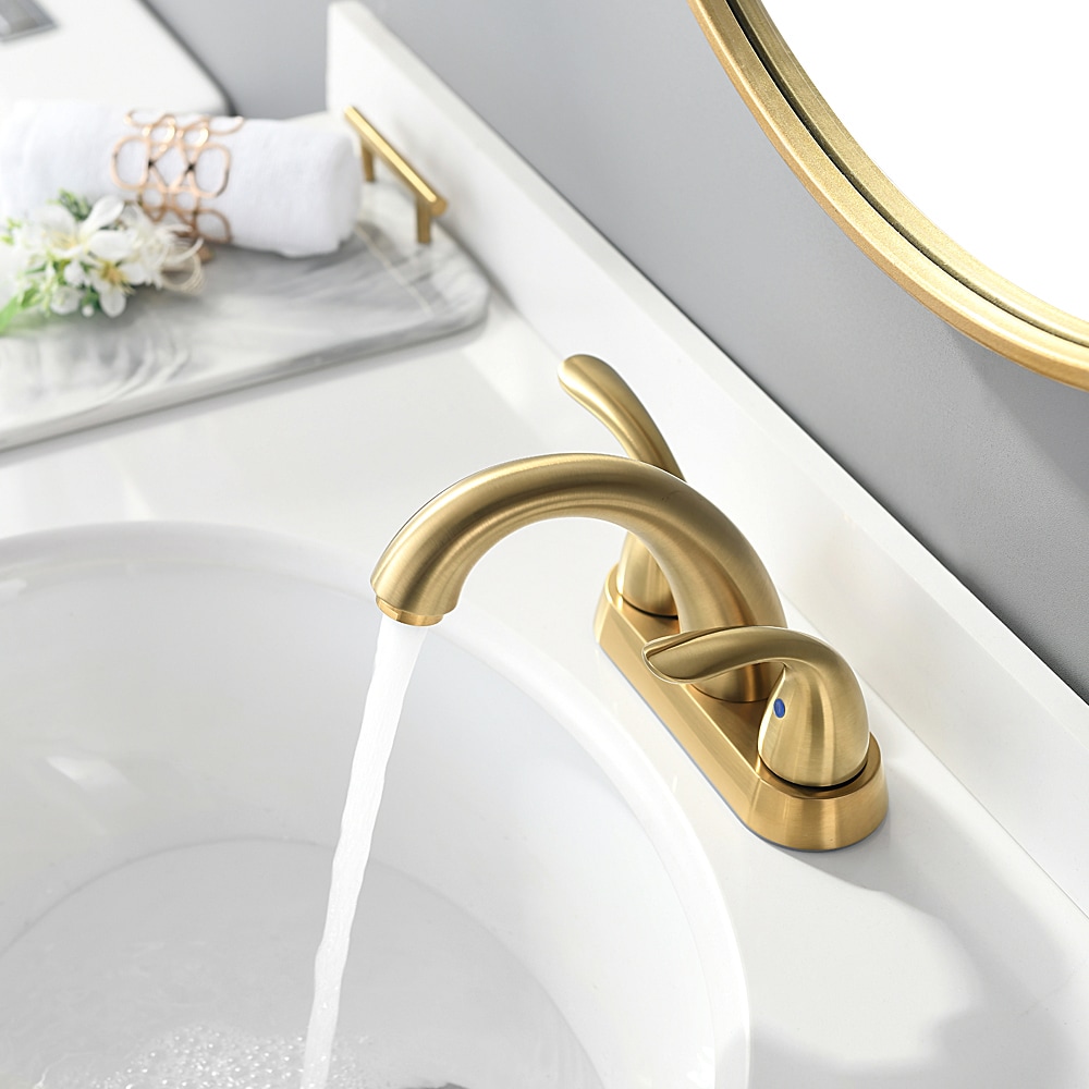 Phiestina Brushed Gold 4 Inch 2 Handle Centerset Stainless Steel Bathroom Faucet In The Bathroom 4635