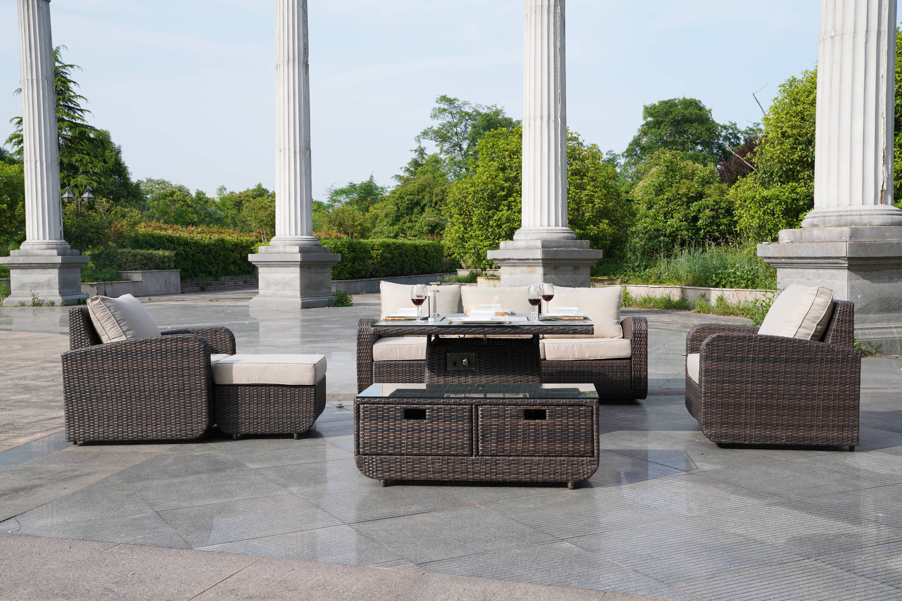 Direct Wicker DWG-1104&1515-BR 6 -Piece brown Wicker Patio Dining Set Aluminum Square Table with 3 Brown Cushions Stationary Chairs Fire Pit Included