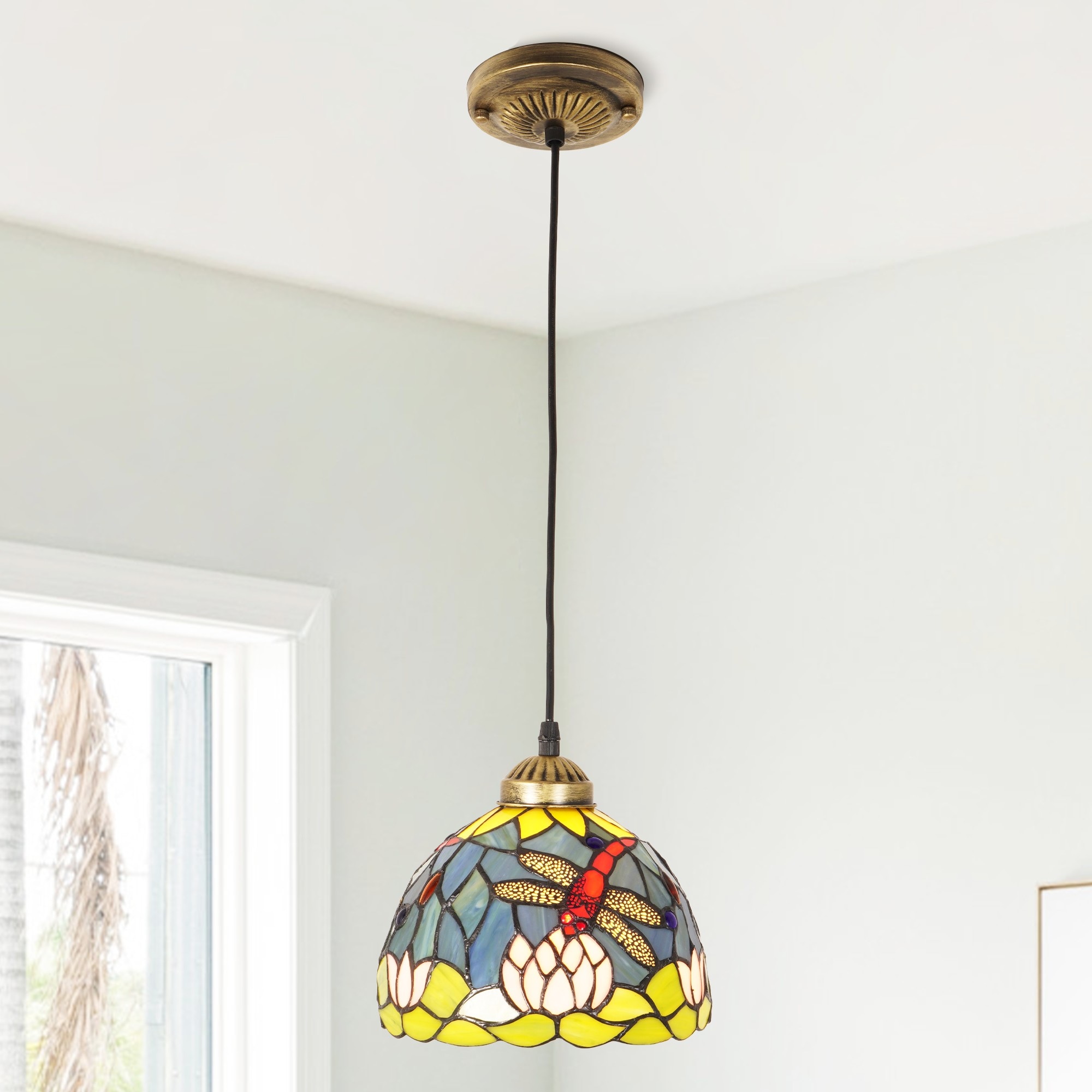 EFPERFECT 8-inch Tiffany Lotus and Dragonfly Pendant Light