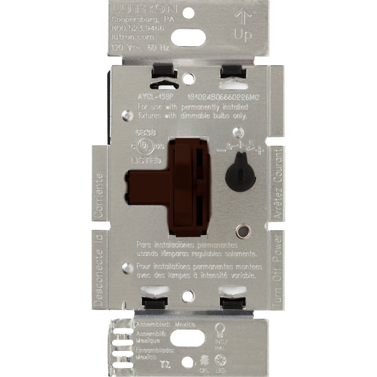 Lutron AYCL-253P-BR Toggler LED+ Single-pole/3-way LED Toggle Light dimmer switch Brown