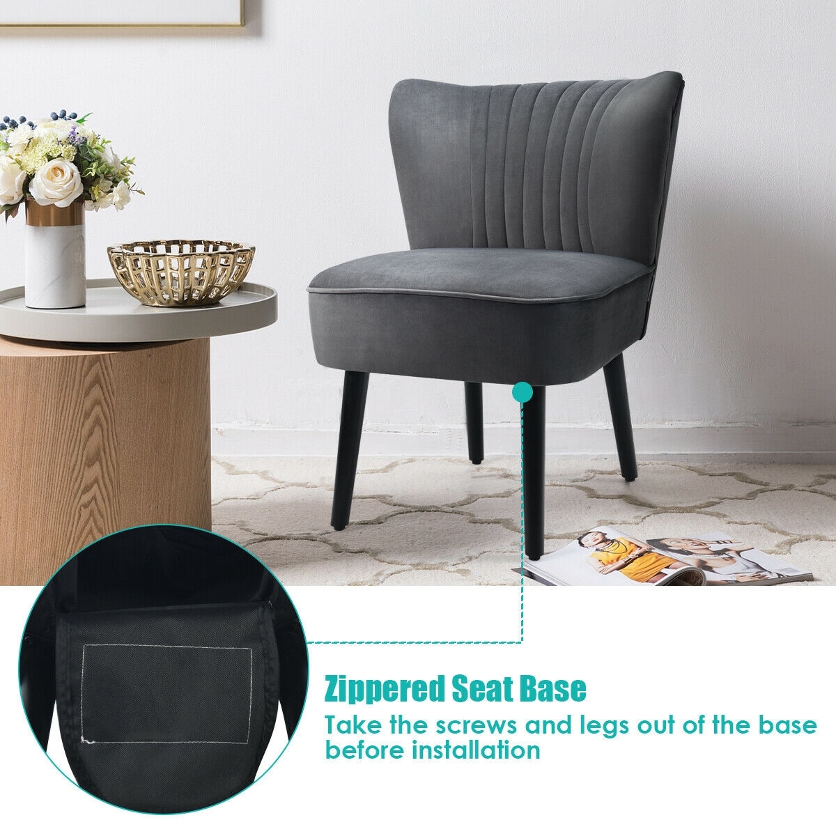 Parsons Gray Velvet Armless Accent Chair with Wood Legs