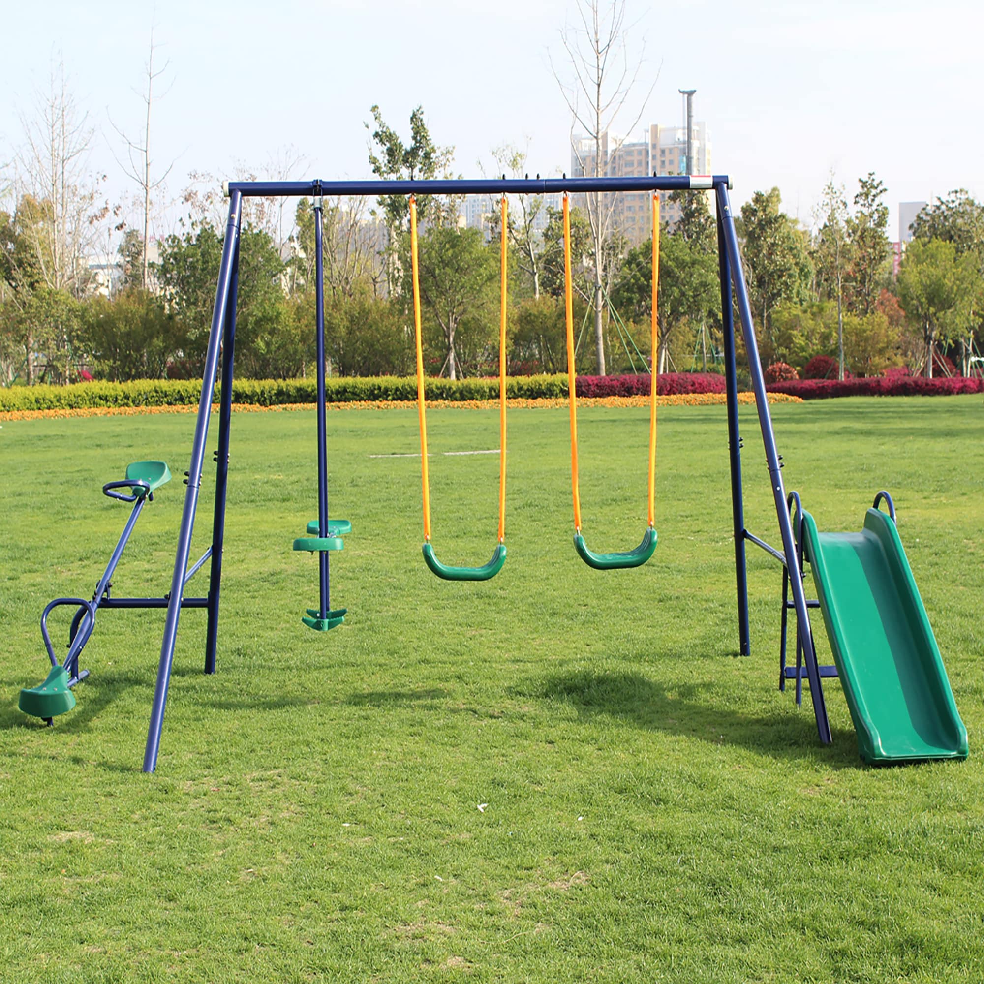 Fun Orange FUN25PS04 Kids Commercial Steel Playset with 3 Swings and Slide Included