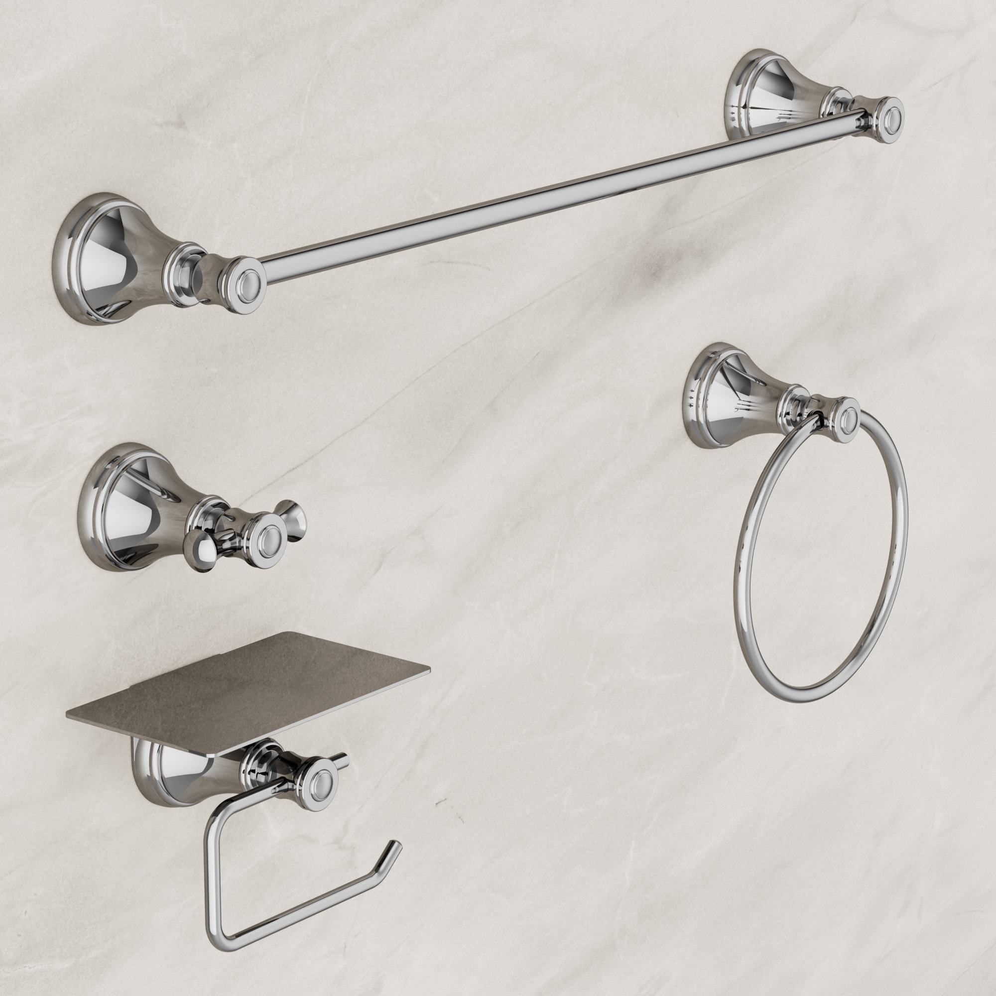 YAWWALK Chrome Vintage Bathroom Hardware Set Towel Bar Towel Ring Robe Hook Toilet Paper Holder with Phone Shelf