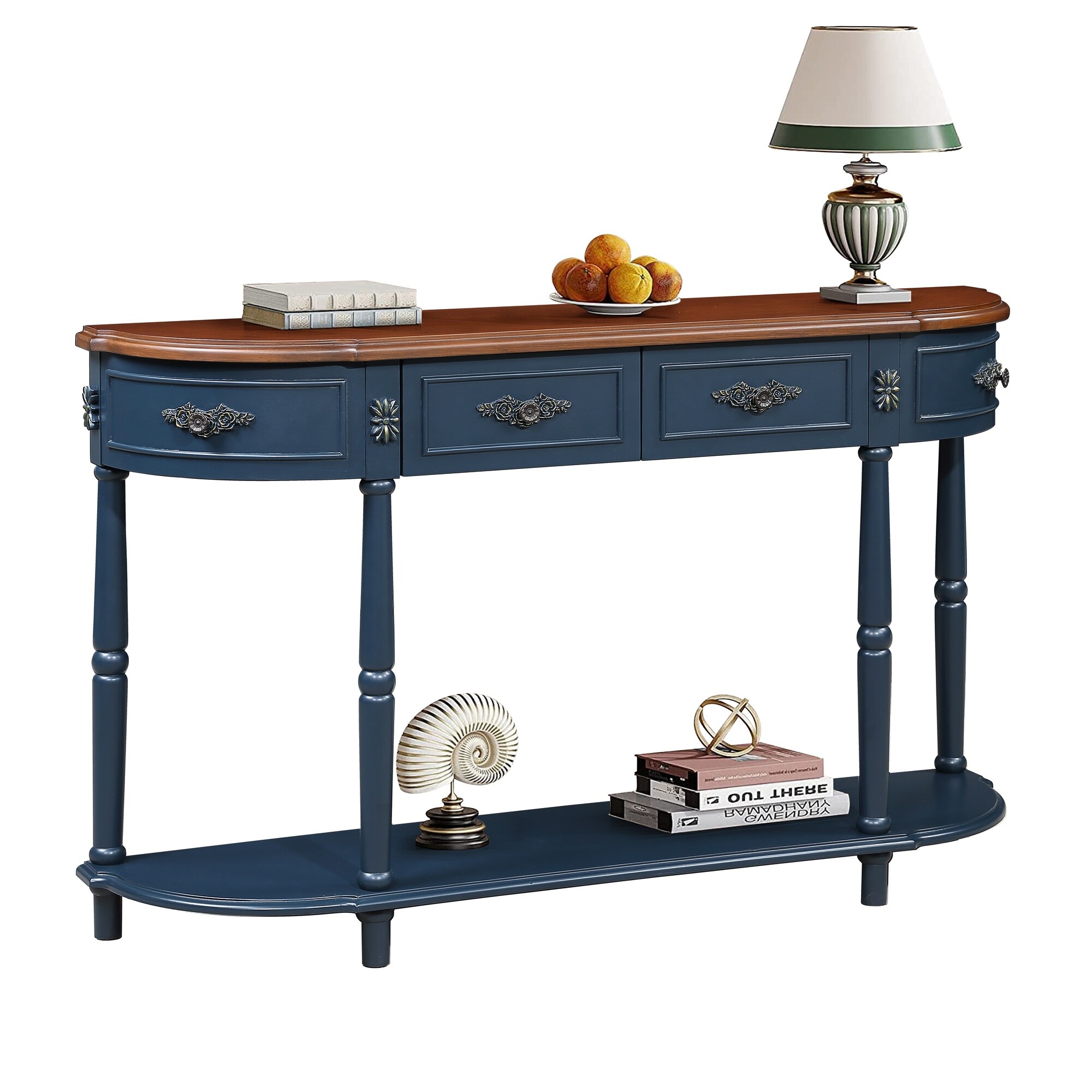 Vorene - 52-in Curved Half Moon Console Table with 2 Drawers Open Shelf Navy Blue Brown