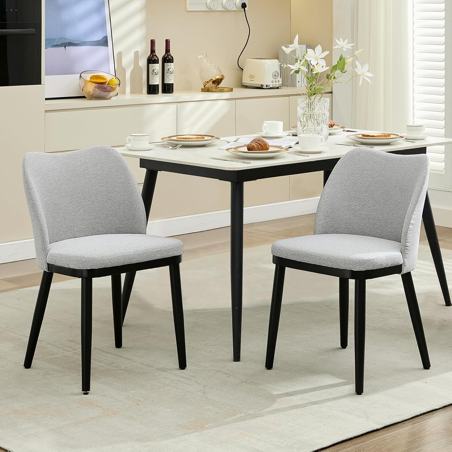 Qeetex LHF-CY-7BL52 2 Dining Chairs - Upholstered Fabric Dining Room Side Chairs - Chair for Dining Room with Padded Seat and Wood Legs-Modern Dining Chairs for Restaurant - Kitchen - Cafe - Living Room(Grey)