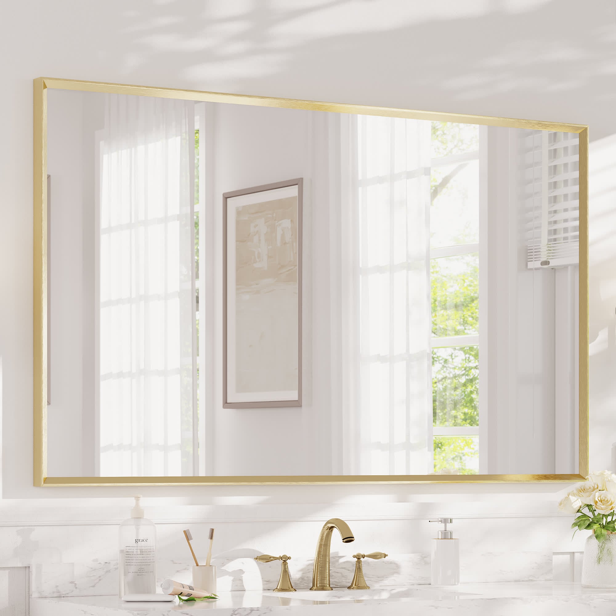 Aok Garden 36 in x 60 in Modern Aluminum Framed Bathroom Mirror in Gold with Beveled Edge and Tempered Glass