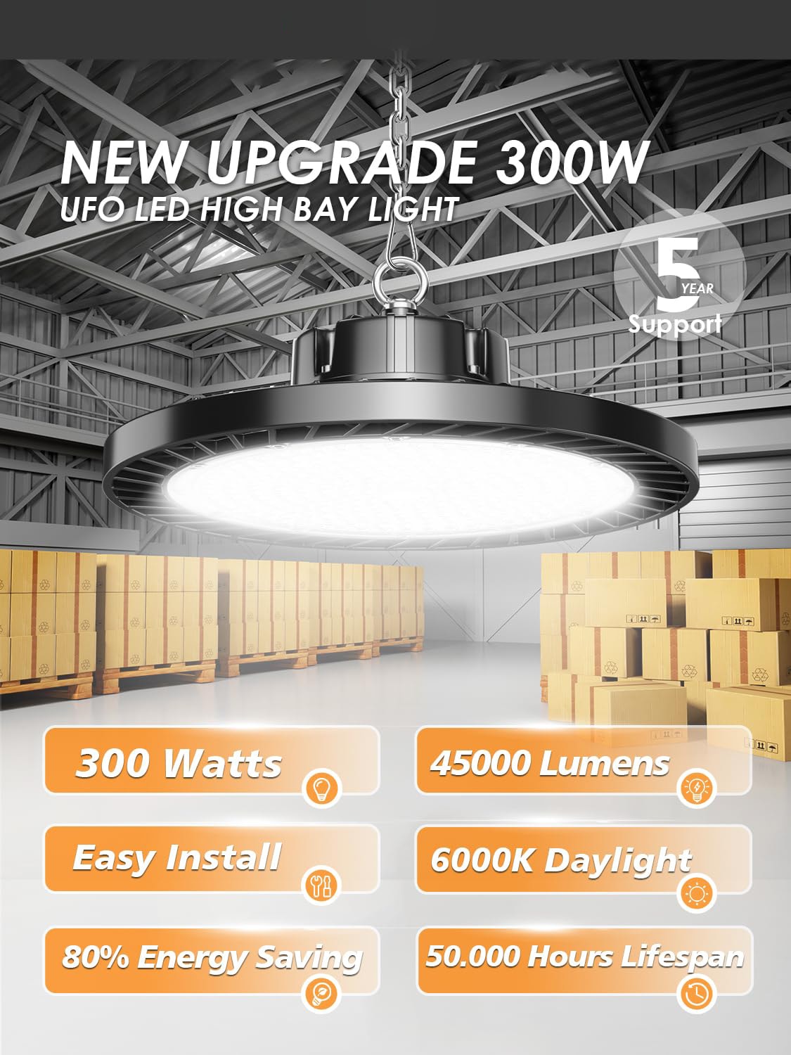 Oyezvary  8 Pack 300W UFO LED High Bay Light 45000lm 6000K Daylight 1200W MH HPS Eqv AC100 277V 5ft US Plug for Garage Warehouse Shop