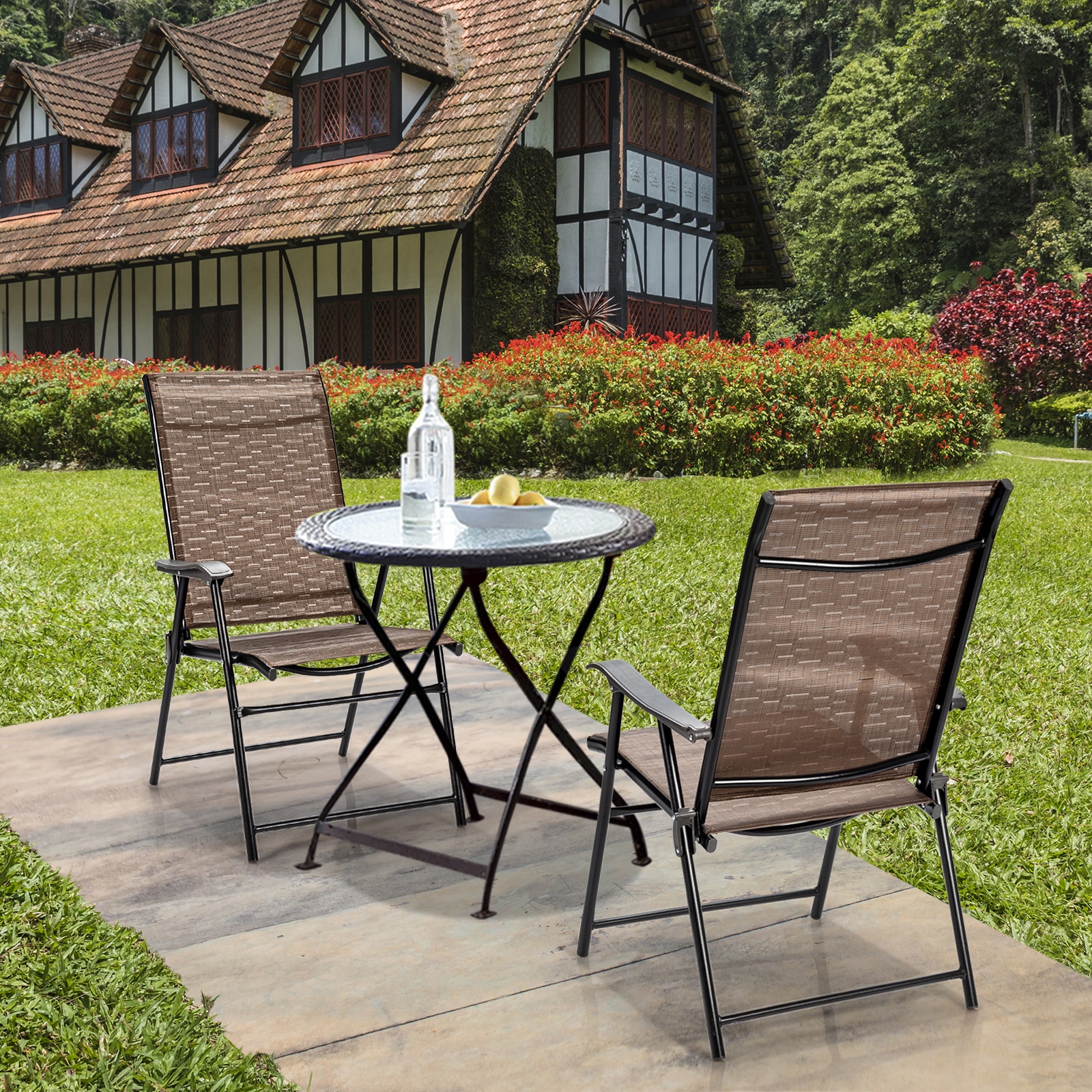Brown Steel Frame Foldable Patio Dining Chairs with Mesh Seats, Set of 2