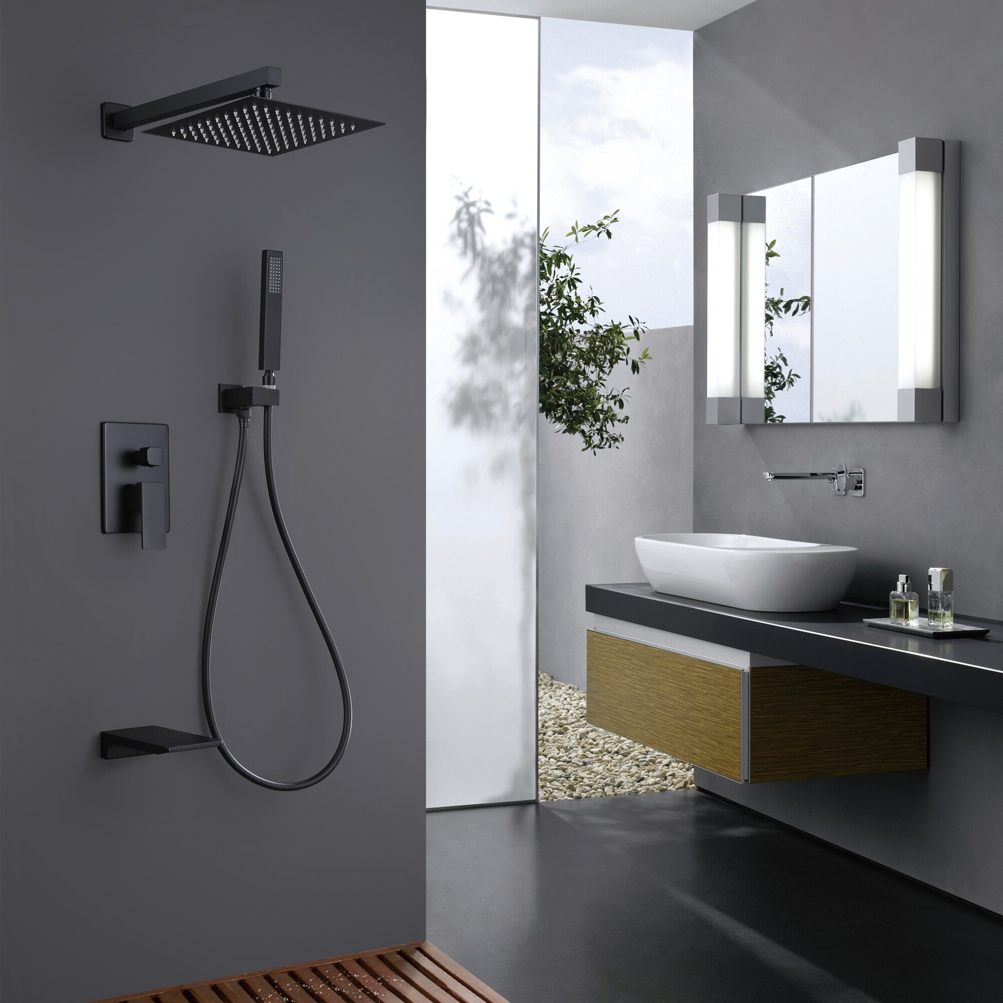 WELLFOR Concealed Valve Shower System Matte Black Dual Head Waterfall ...