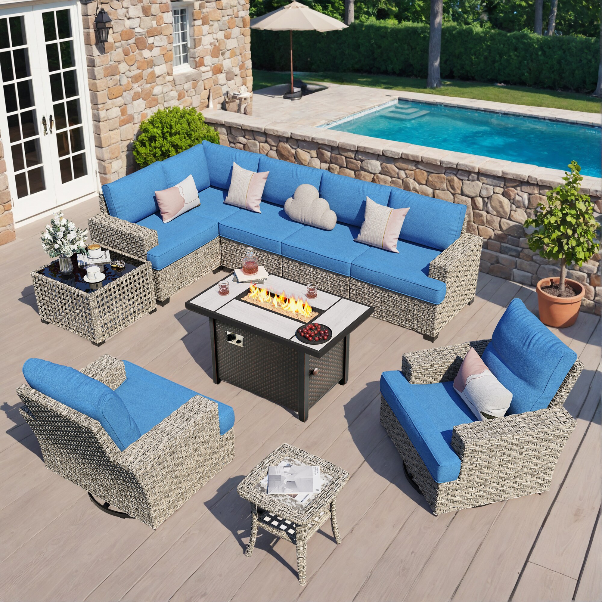 XIZZI XITBS5010C5-RC3IFP Agate 9 -Piece Rattan Patio Sofa Conversation Set with Blue Cushions