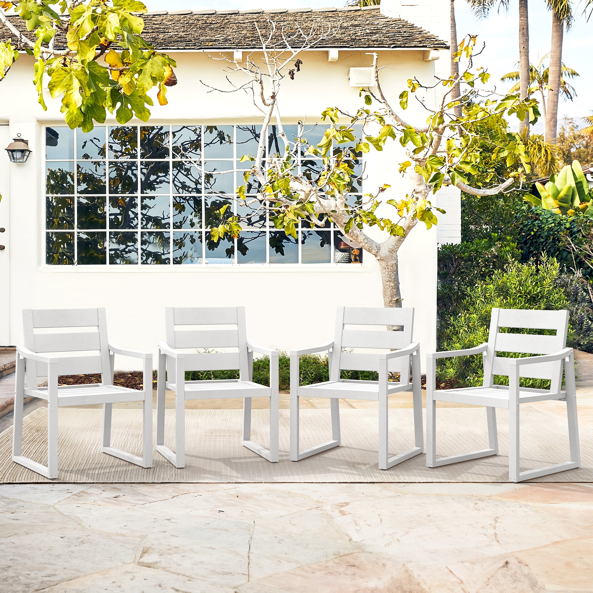 LUE BONA 4LB23DC0004-400LS Set of 4 Stackable White HDPE Frame Stationary Dining Chair with Slat Seat
