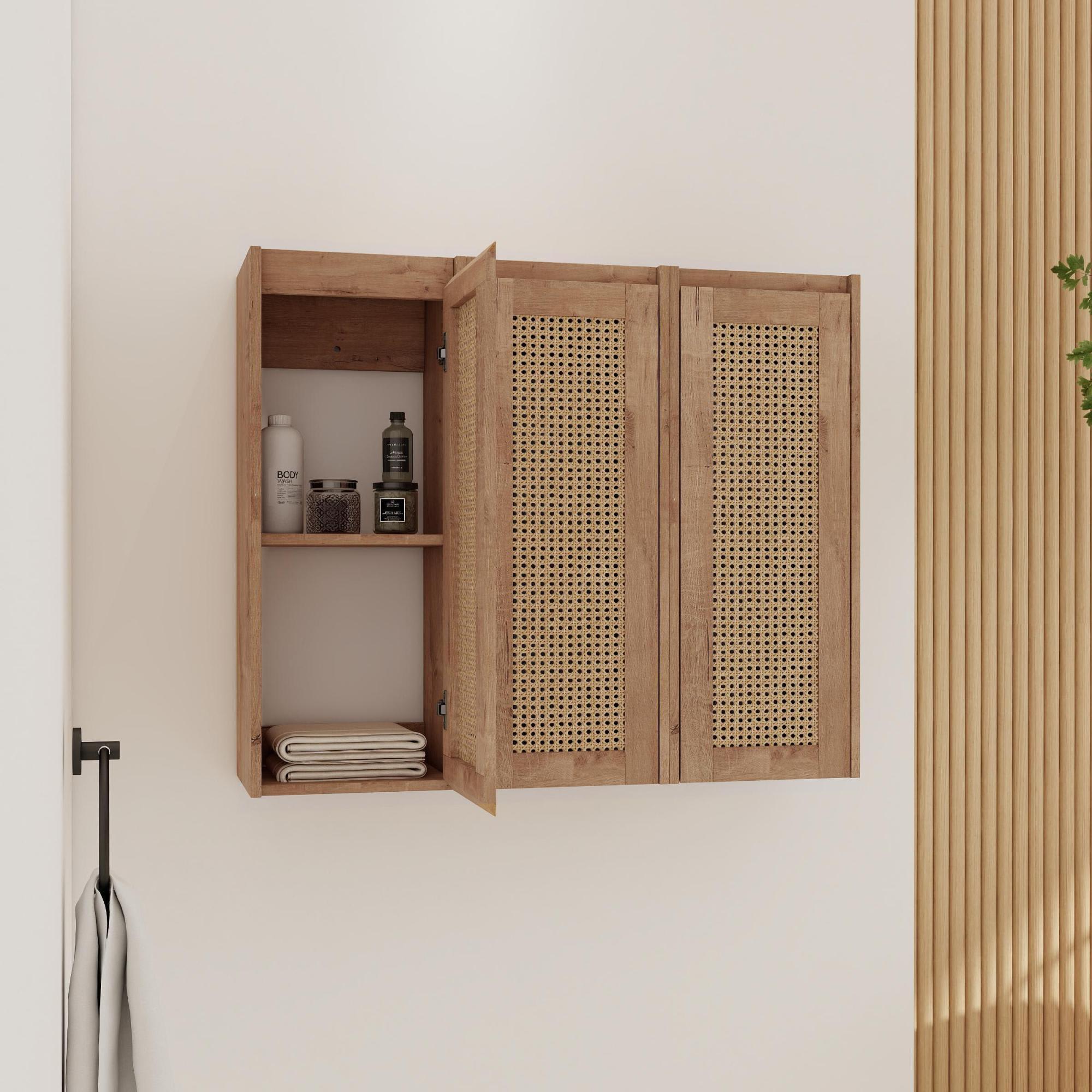 Roomfitters  36 Inch Bathroom Side Cabinet Set 3 Pack Floating Tall Cupboards Imitative Oak