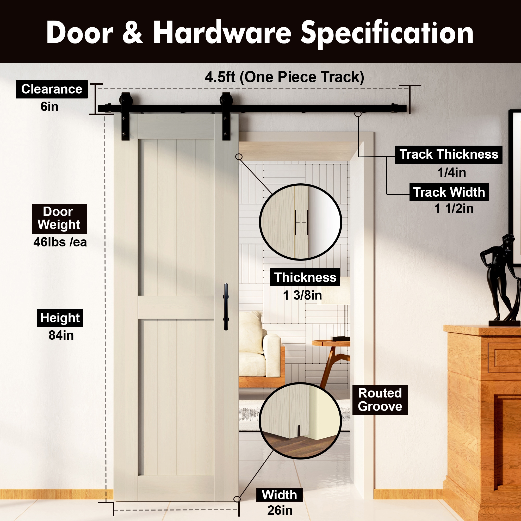 Tinsmith Gray Solid Pine Wood Barn Door with Black Hardware Kit
