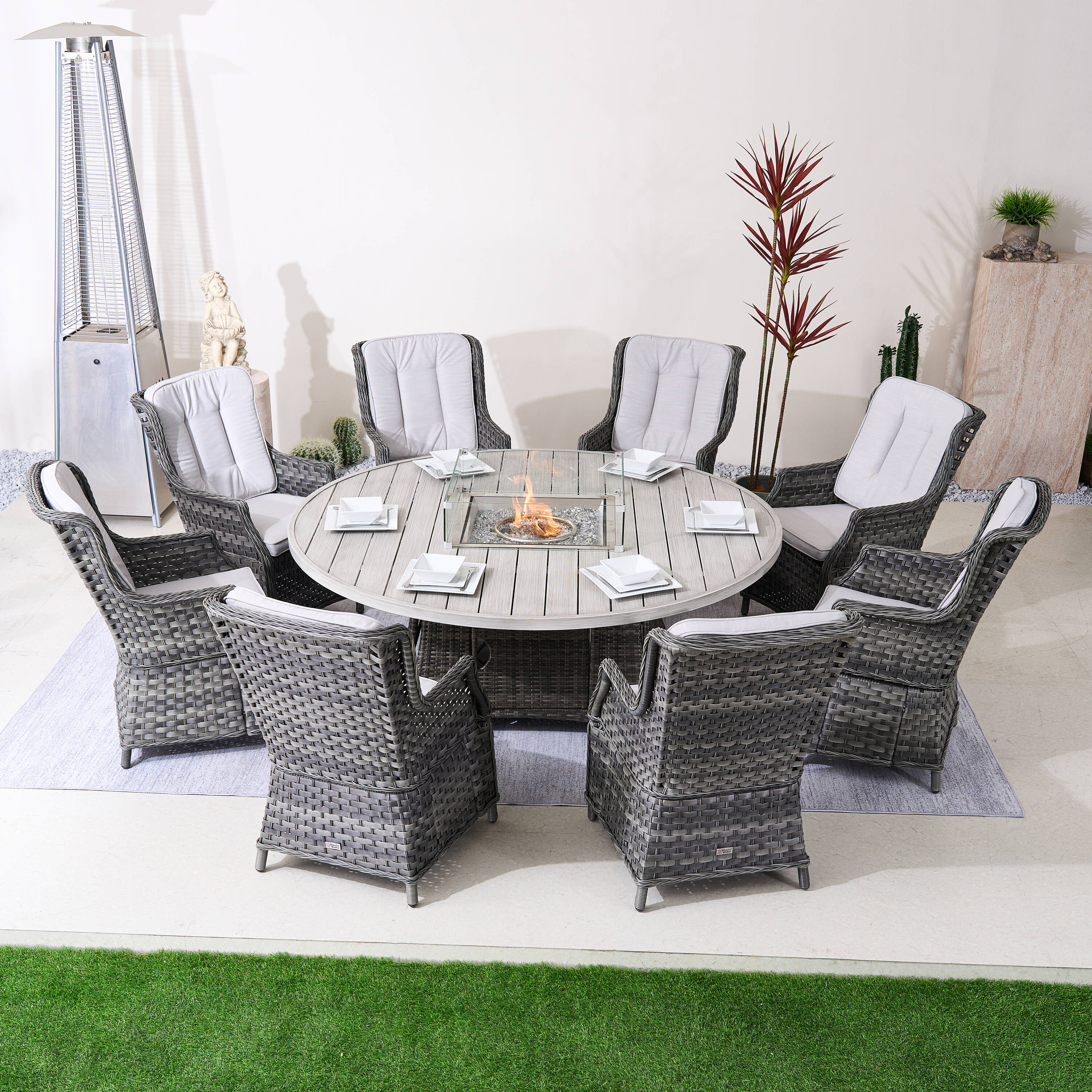 Direct Wicker - 9 -Piece Gray Wicker Patio Dining Set Aluminum Round Table with 8 Gray Cushions S...