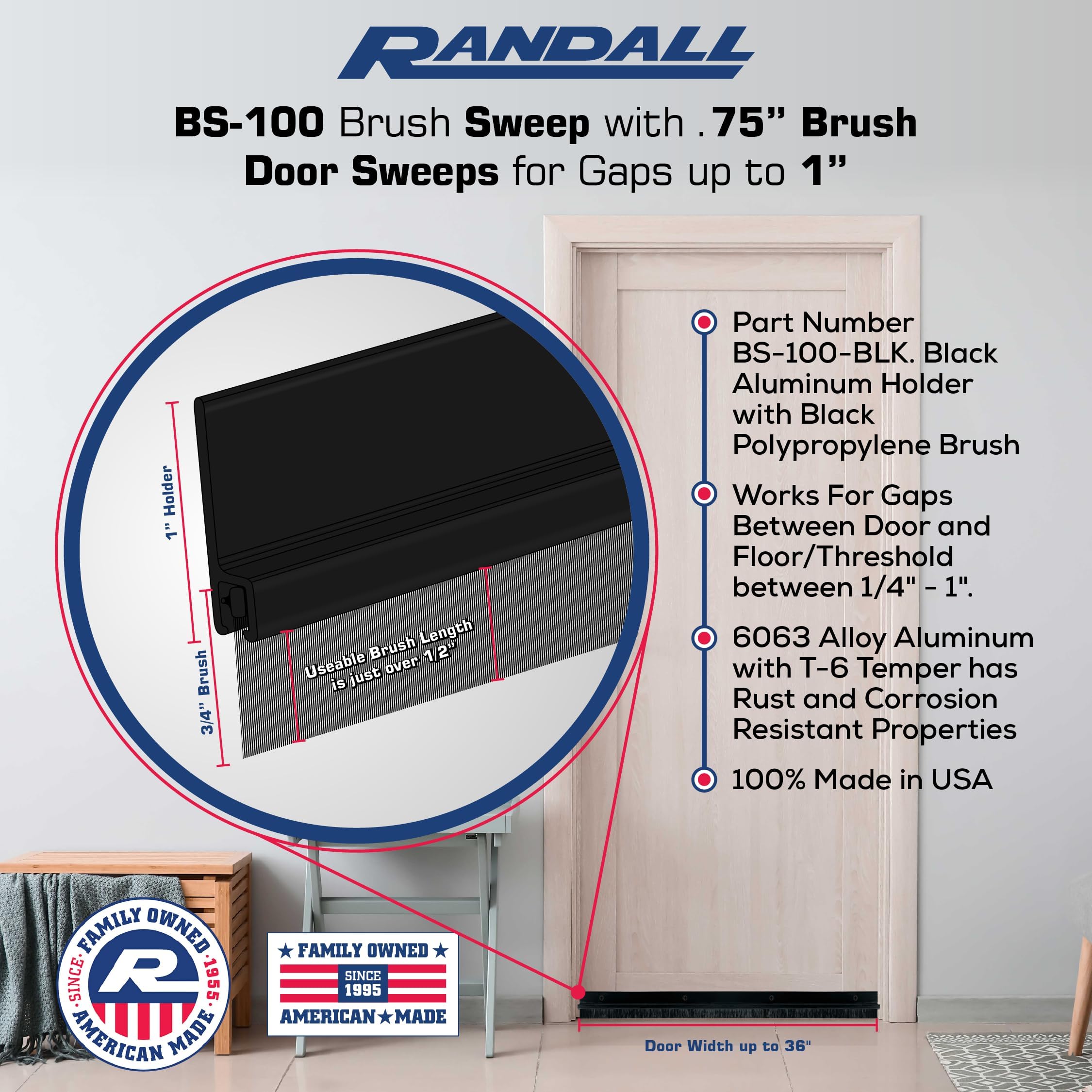 Randall Manufacturing Co., Inc BS-100 3 ft Brush Door Sweep - Aluminum ...