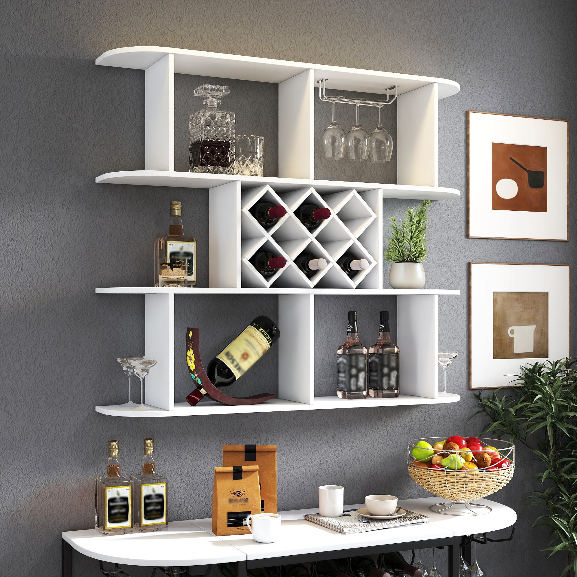 GDFStudio 339065 Rothwell Rustic Wall Mounted Three Tier Wooden Wine Rack with Glass Holder White