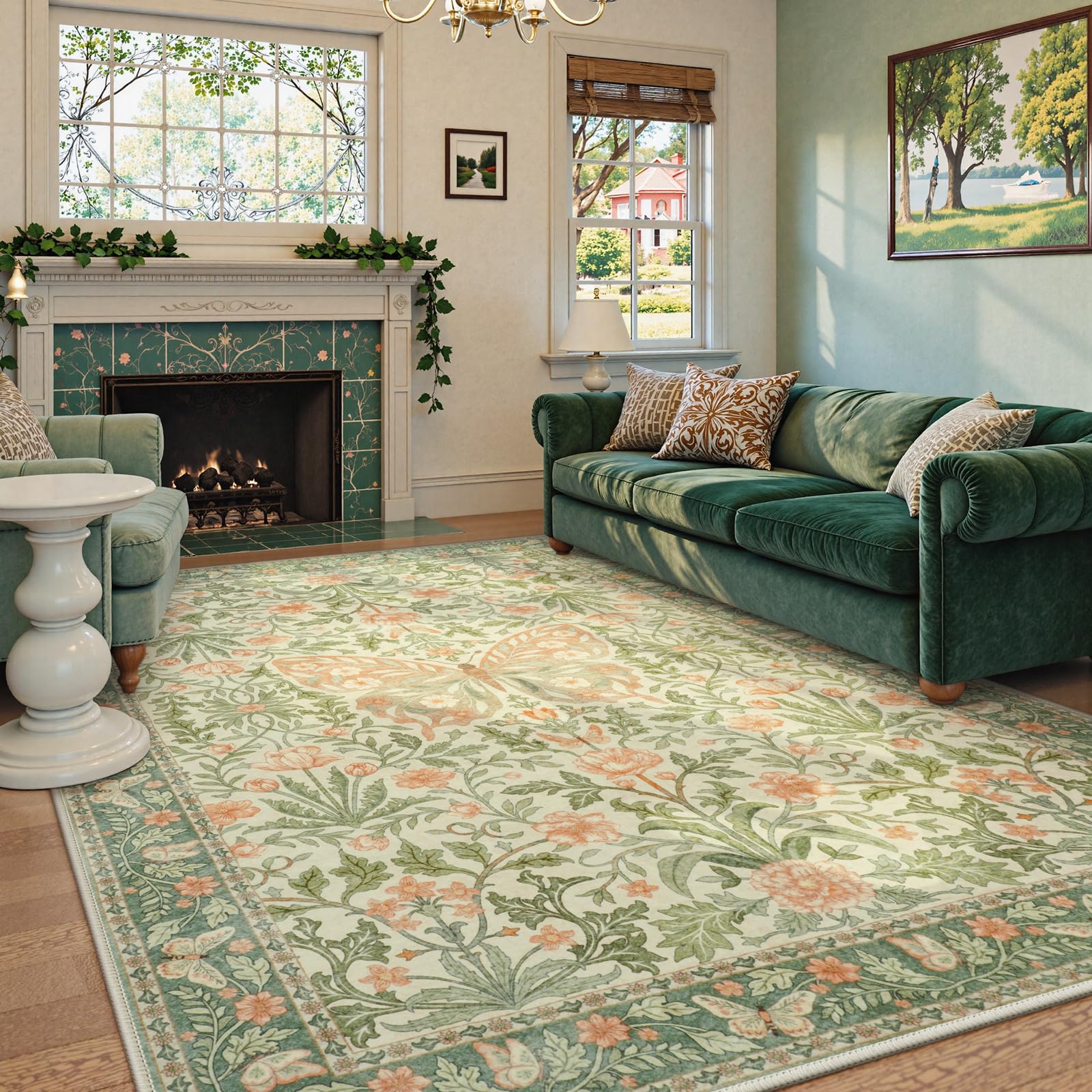Lahome AR-DYR-468-G3 8 x 10 (ft) Grass Green GST Morris Butterfly Full Coverage Short Pile Velvet Rectangular Indoor Area Rug