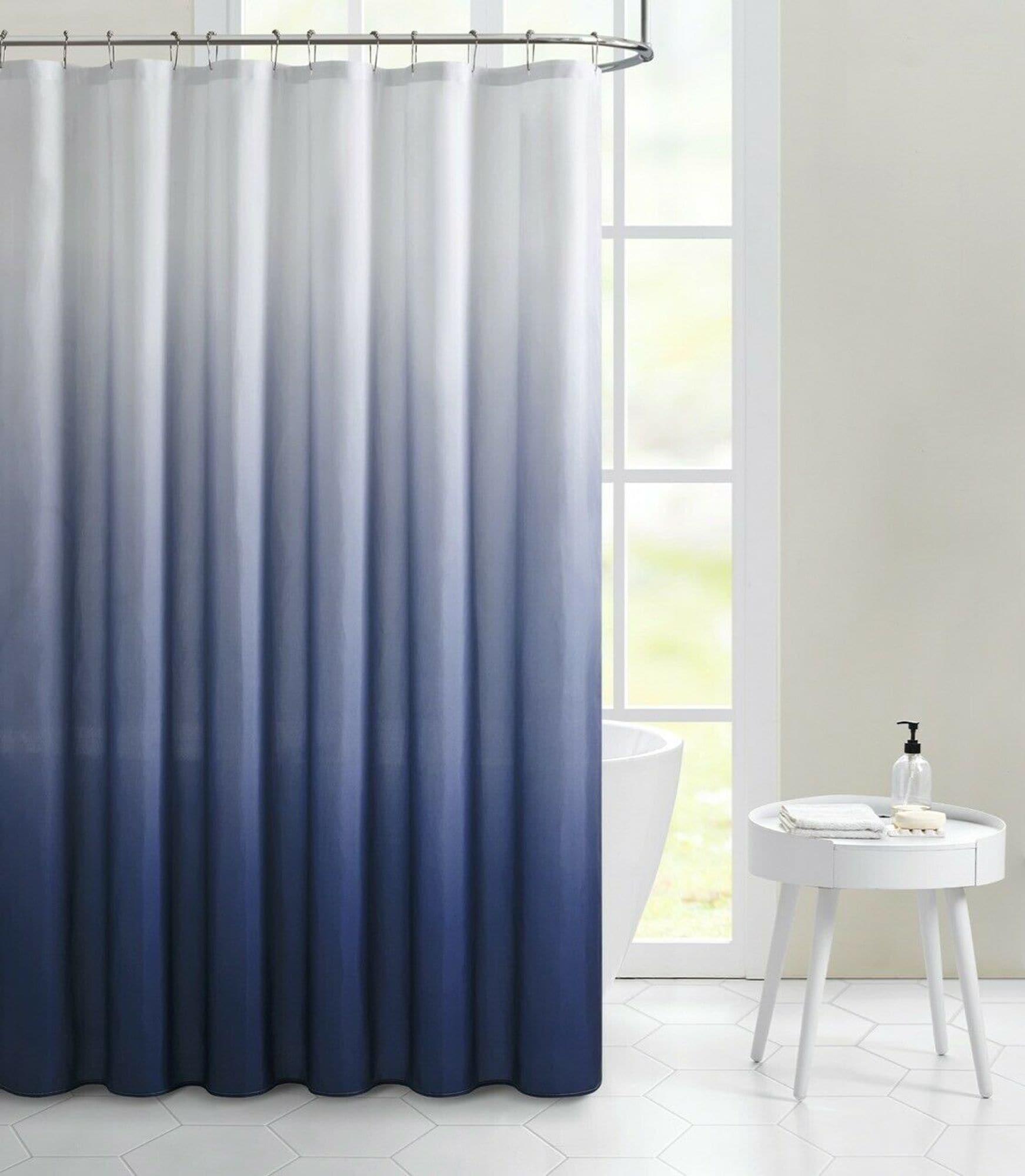 KATE AURORA - Living Multi Color Ombre Fabric Shower Curtain White Navy