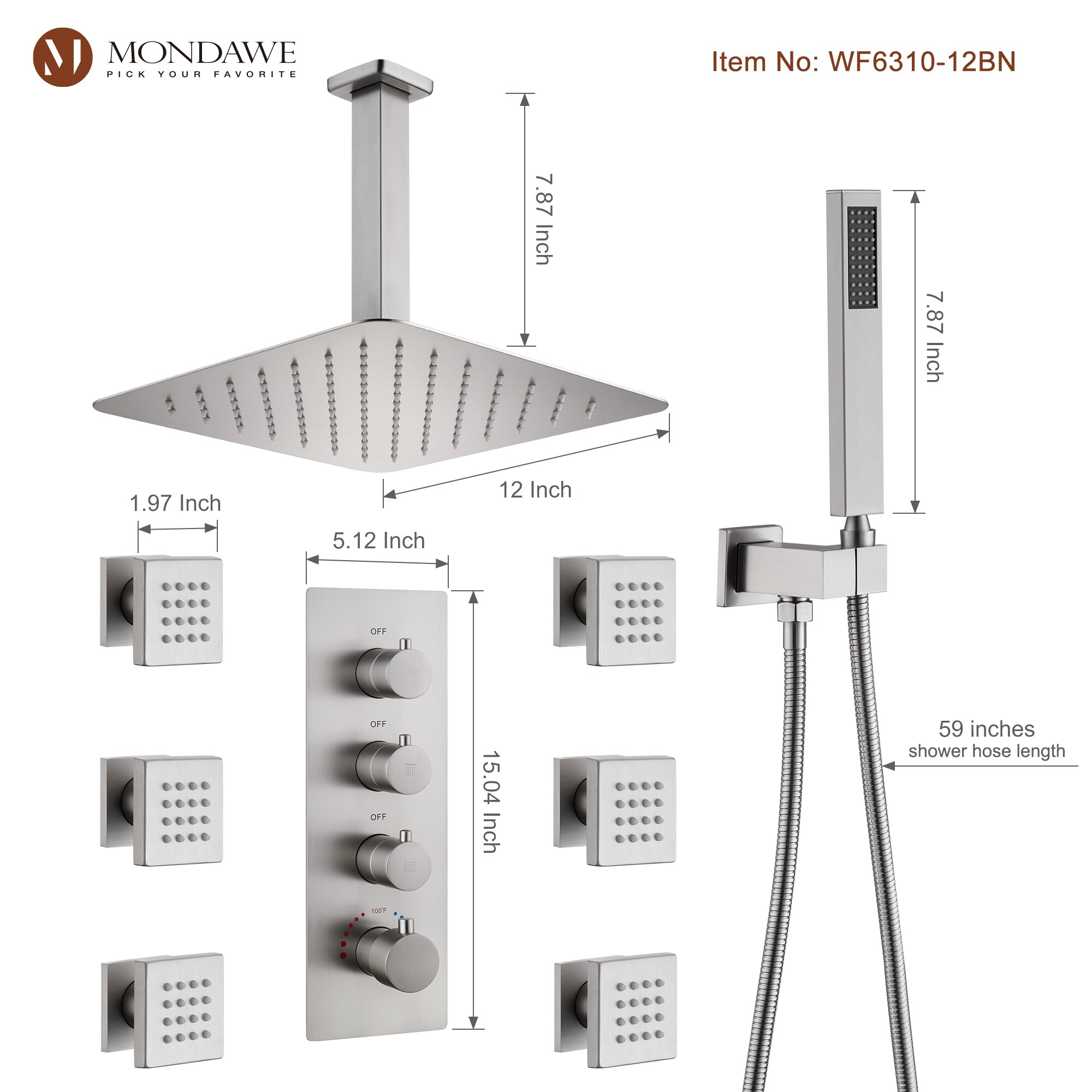 Mondawe WF6310-12BN Showerhead-Bar-Panels - View #10