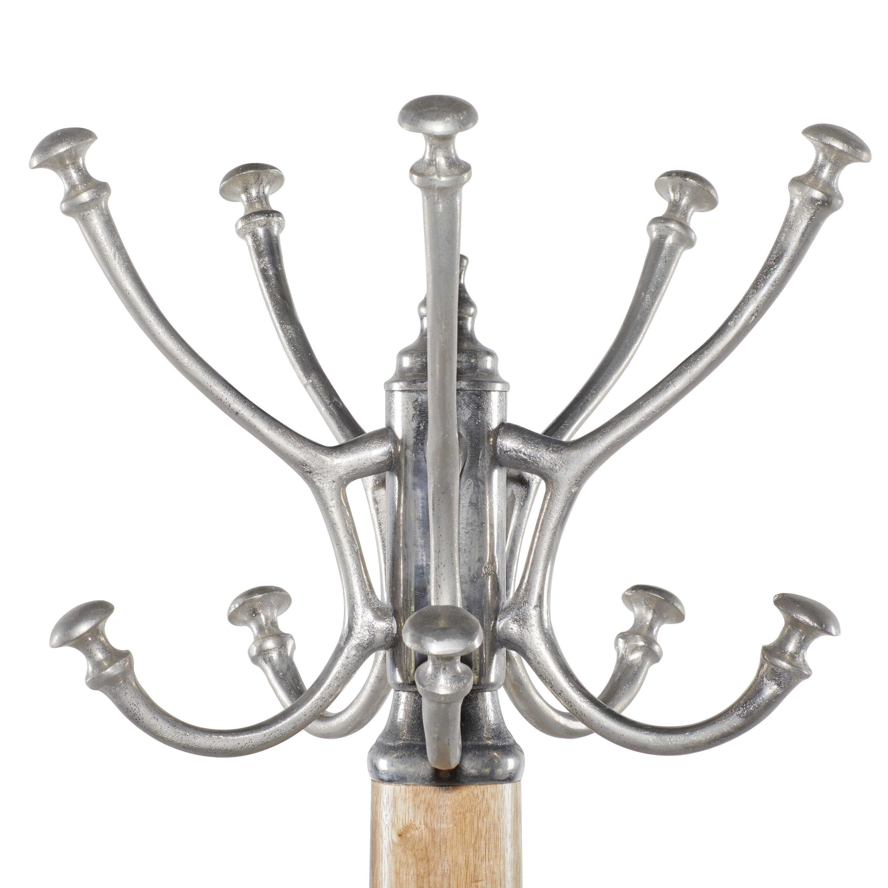 Silver and Wood Tall Coat Rack with Aluminum Hooks