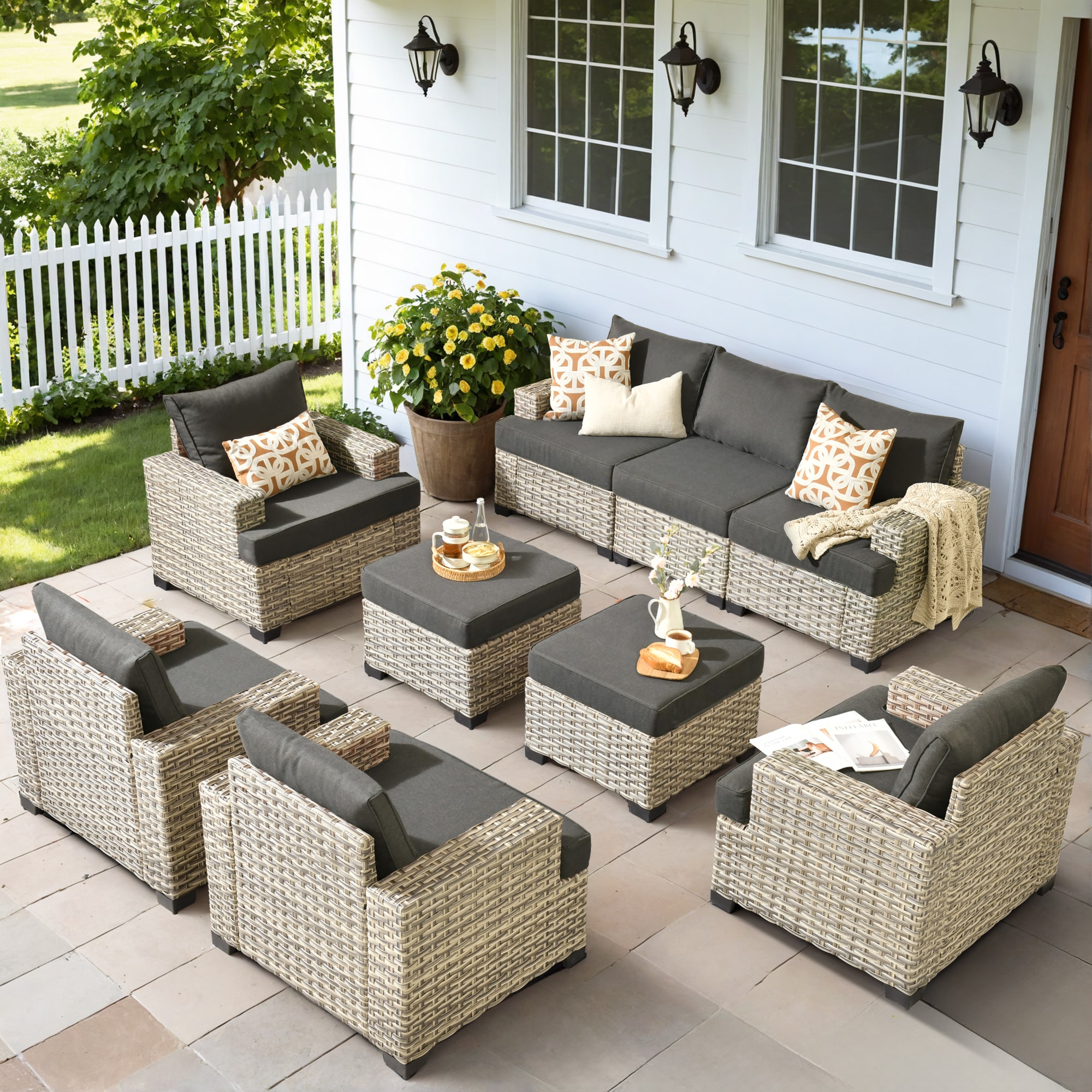 Ovios TS109 9 -Piece Rattan Patio Sofa Conversation Set with Black
