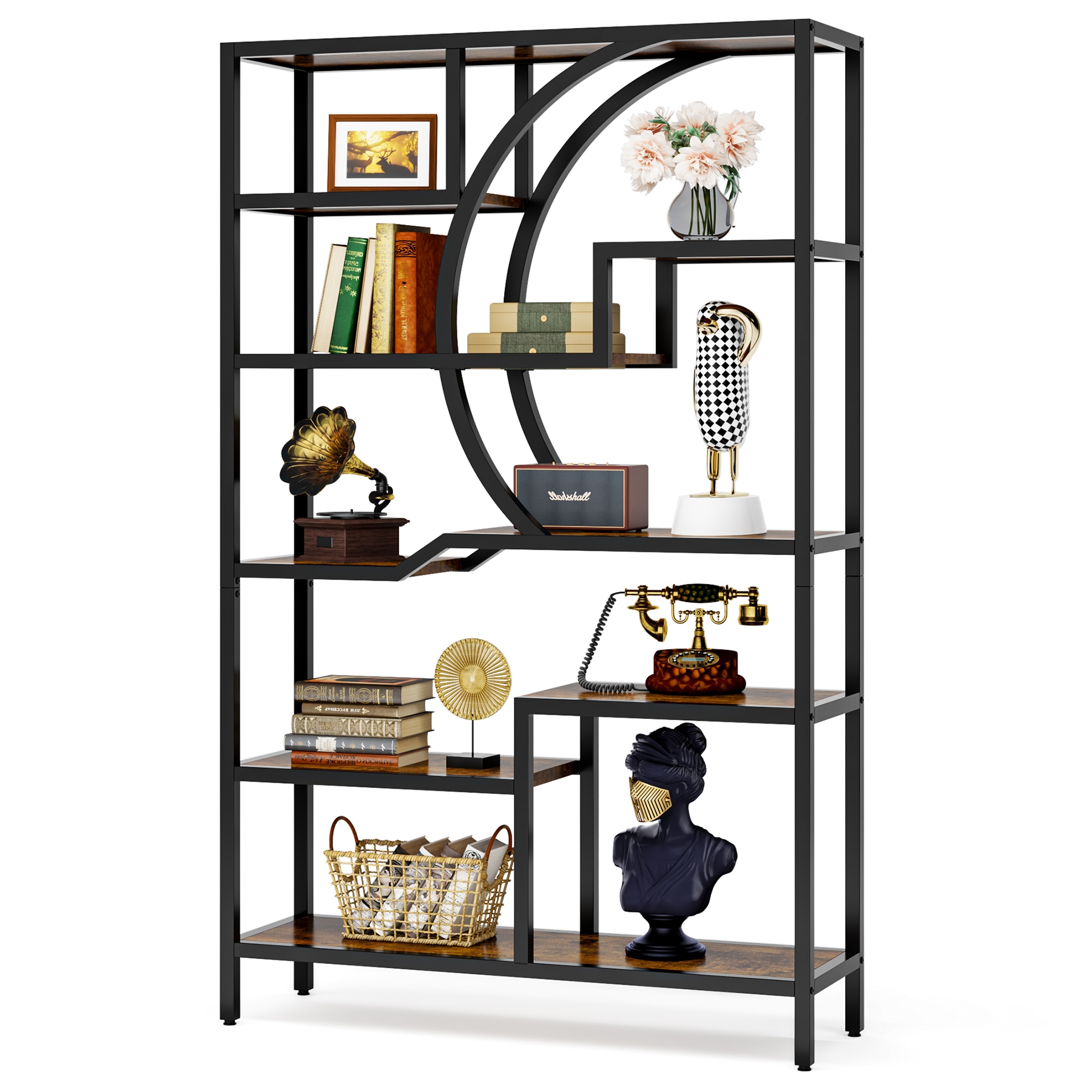 Tribesigns HOGA-NY068 Rustic Brown Black Metal 8 -Shelf Bookcase ( 39.37-in W x 69.29-in H x 11.81-in D ) Unfinished