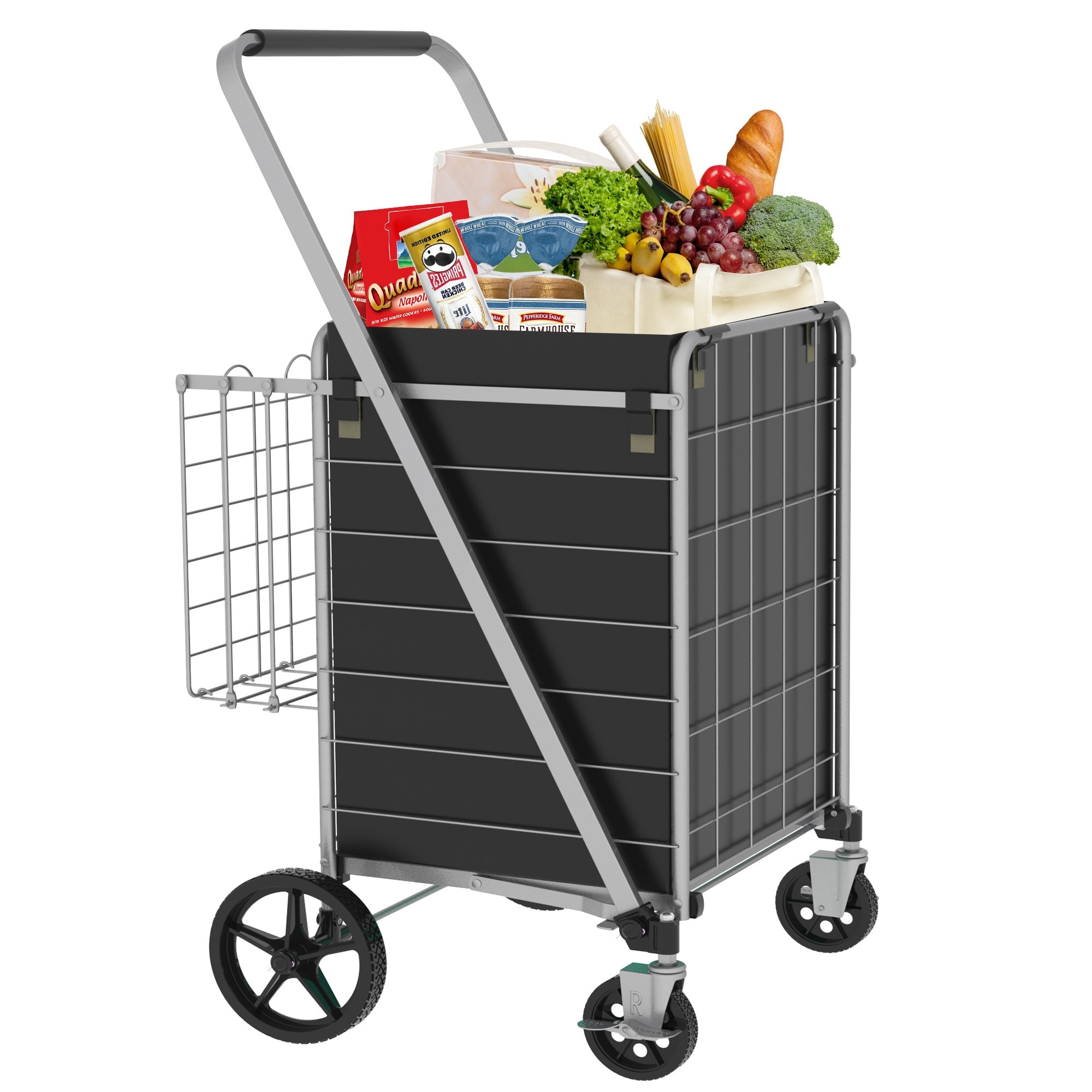 Tatayosi Large Shopping Cart with Brake;Grocery Cart on Wheels; Foldable Utility Shopping Carts with Double Basket and 360° Rolling Swivel Wheels for Groceries Laundry; Grey #XH-1P351681