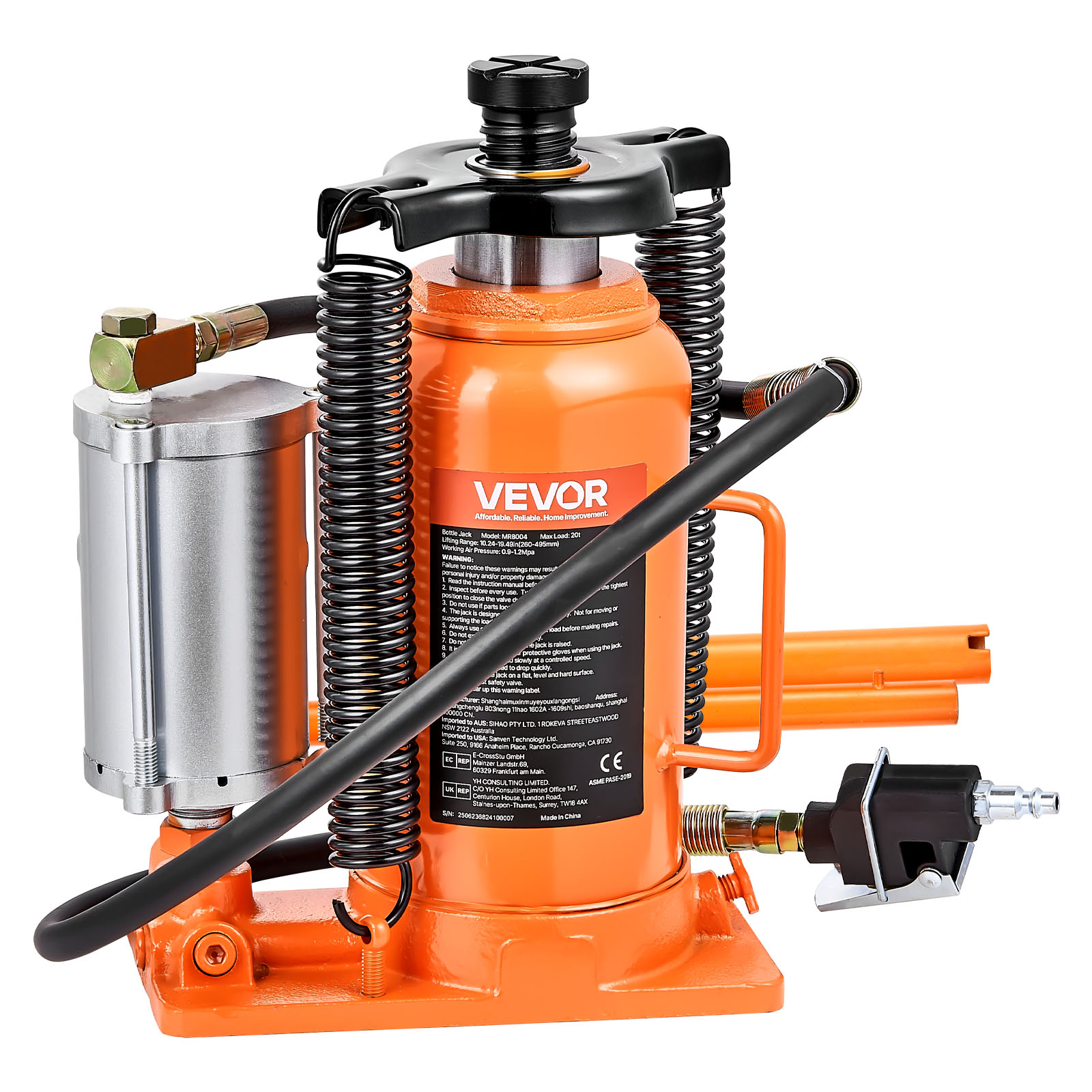 VEVOR Air Hydraulic Bottle Jack. 20 Ton (44092 lbs) Capacity. 10.2-19.5 Inch Lifting Range. Pneumatic/Manual Heavy Duty Welded Bottle Jack with Pump for Car. SUV. Pickup. Truck. RV Auto Repair. Orange