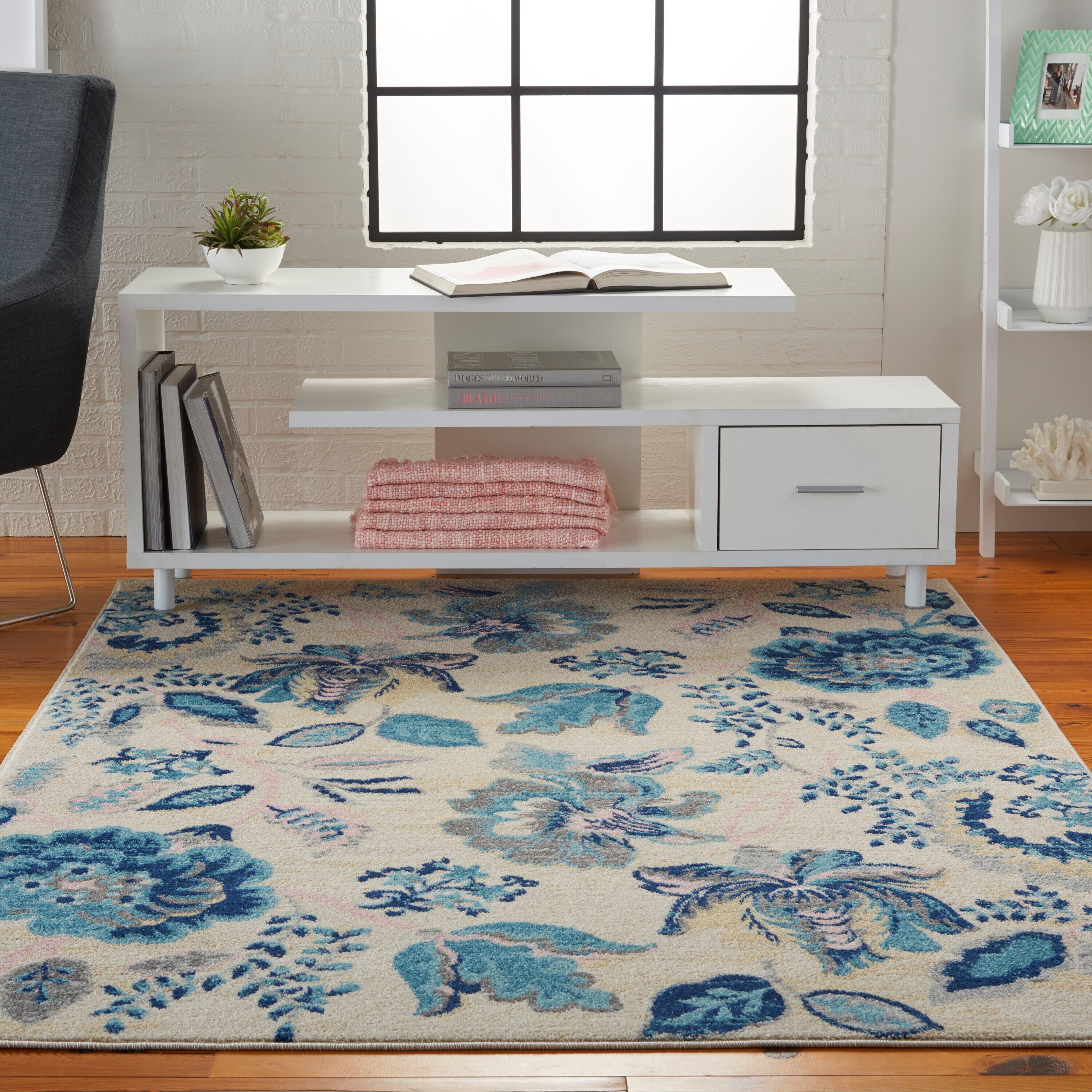 Nourison 99446483706 Tranquil 6 x 9 (ft) Loomed Polypropylene Ivory/Light Blue Rectangular Indoor Abstract Farmhouse/Cottage Area rug