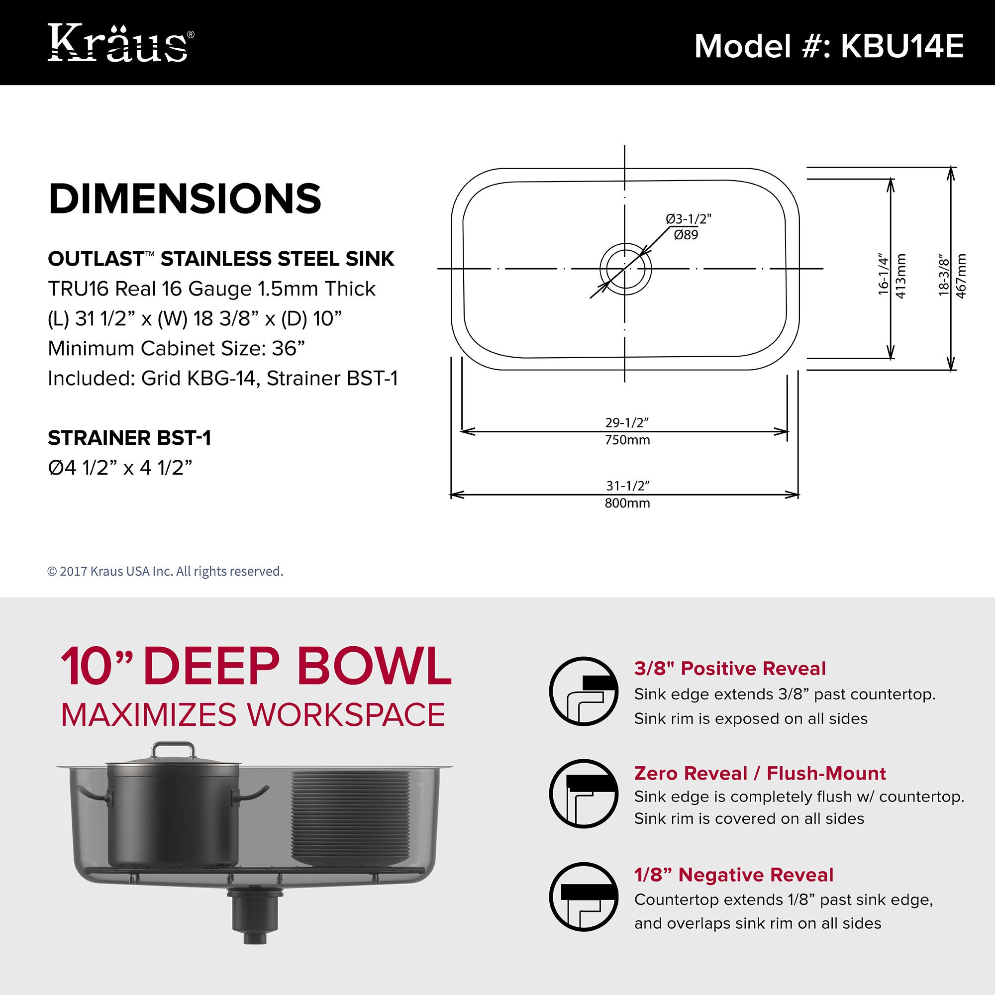 31.5" Stainless Steel Undermount Single Bowl Kitchen Sink