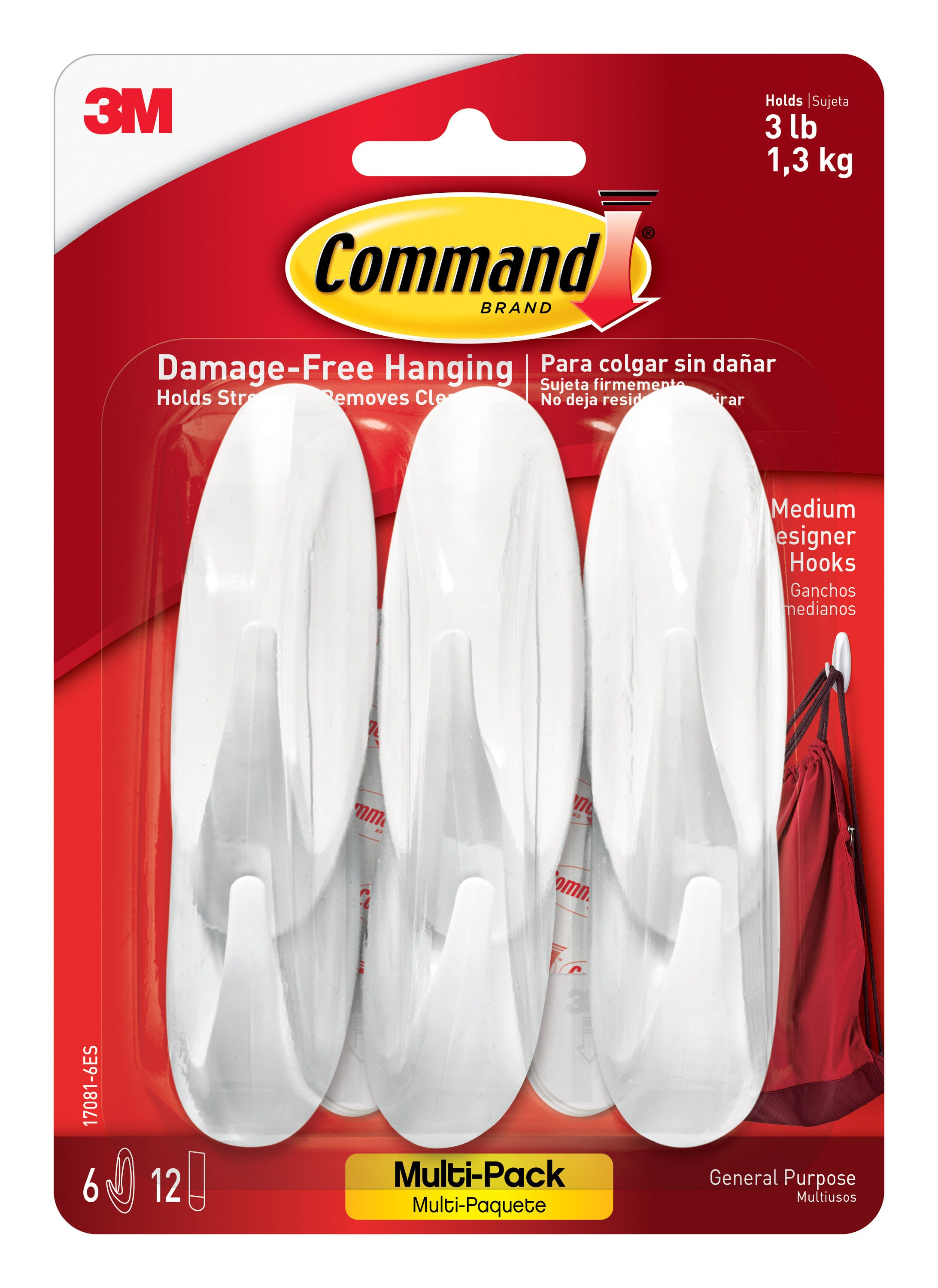 Command 17081-6ES Medium 6-Pack White Adhesive Storage/Utility Hook (3-lb Capacity)