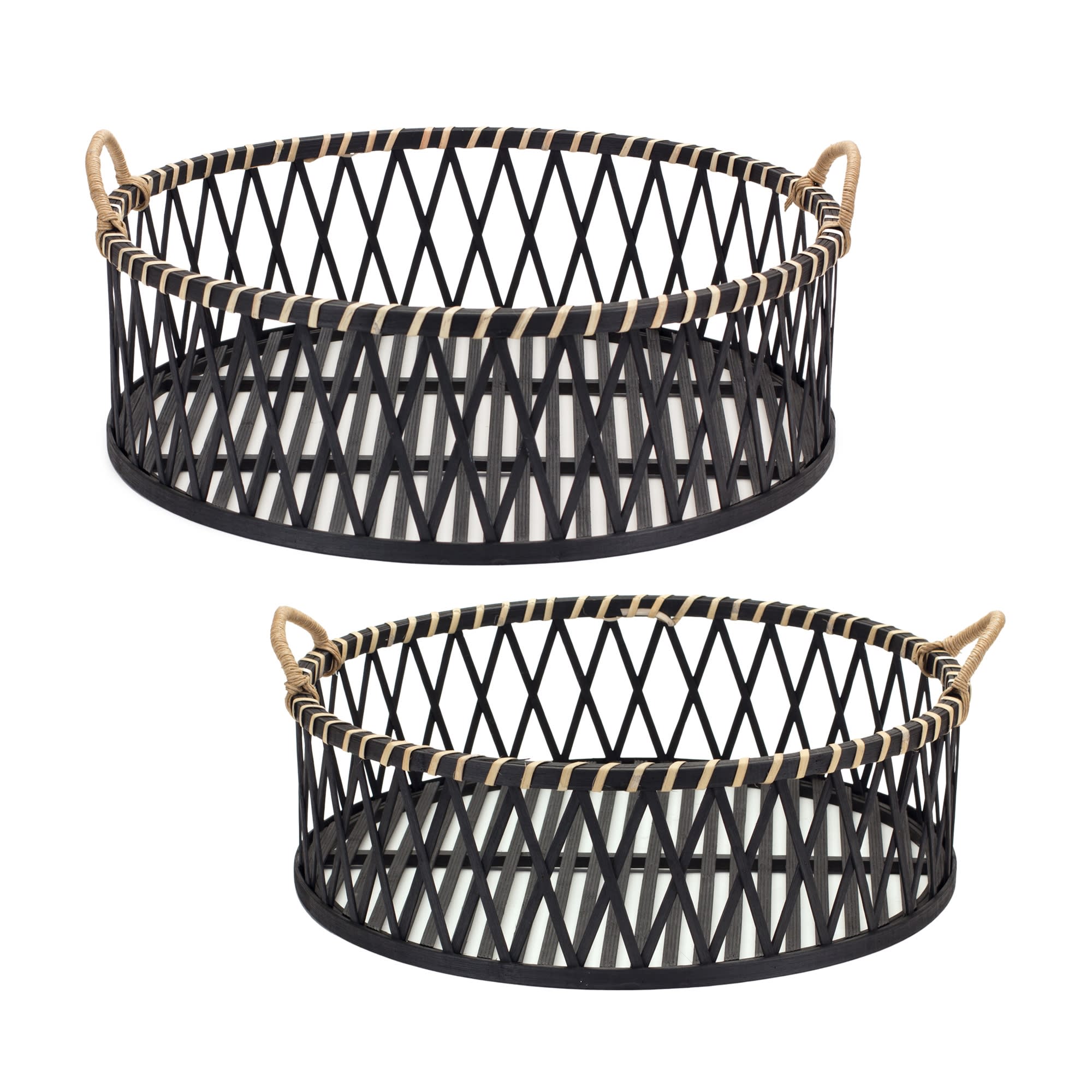 Melrose International Round Woven Bamboo Trays with Rattan Handle Accent (Set of 2) #85336DS